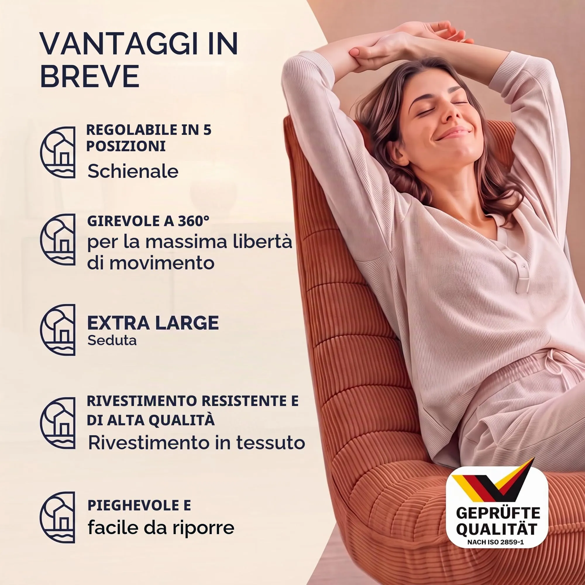 CASARIA Poltrona Relax Aberdeen Girevole a 360° con Schienale Regolabile, Cord Terracotta - immagine 7