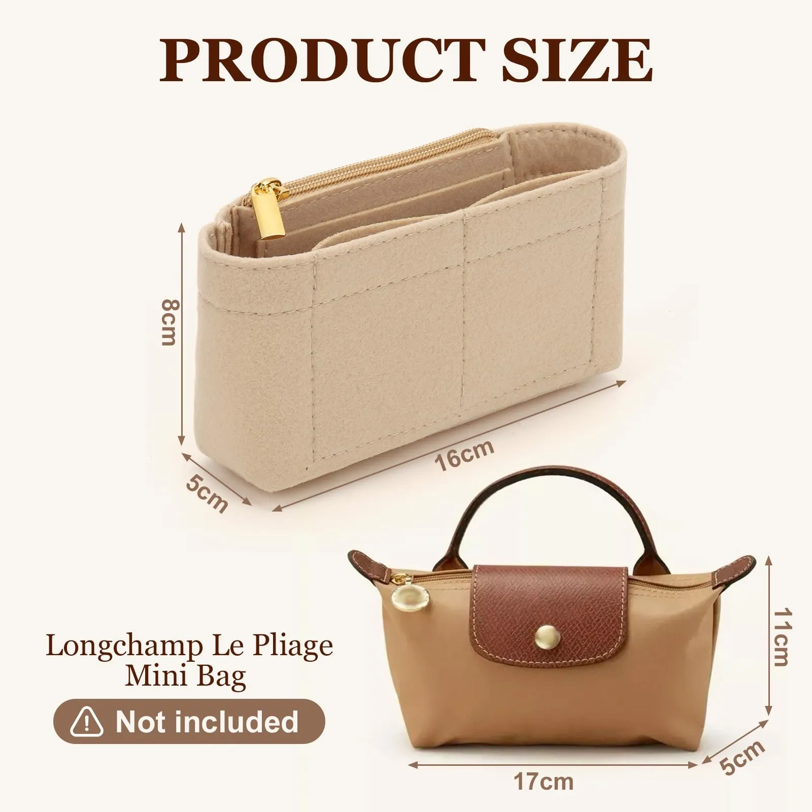AIDUCHO Organizer in feltro per Longchamp Le Pliage Mini, Beige - immagine 2