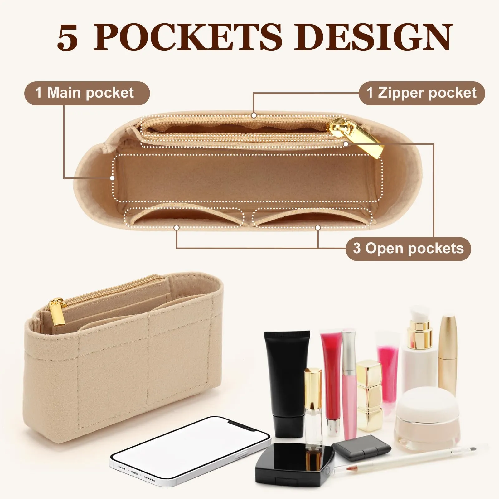 AIDUCHO Organizer in feltro per Longchamp Le Pliage Mini, Beige - immagine 3