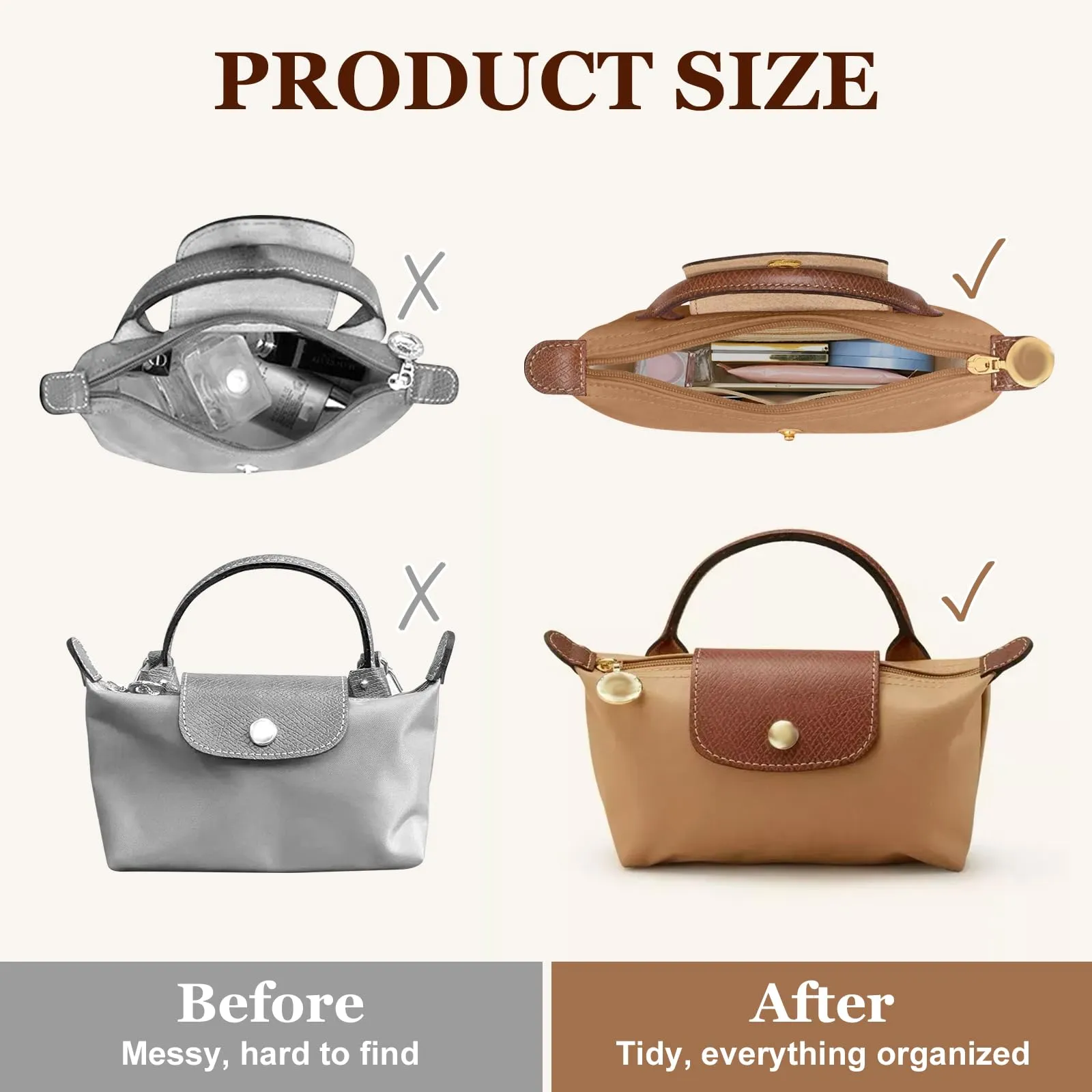 AIDUCHO Organizer in feltro per Longchamp Le Pliage Mini, Beige - immagine 5