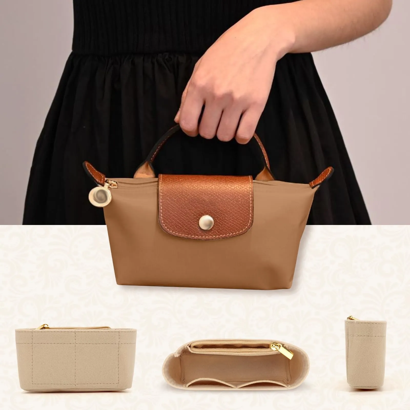 AIDUCHO Organizer in feltro per Longchamp Le Pliage Mini, Beige - immagine 7