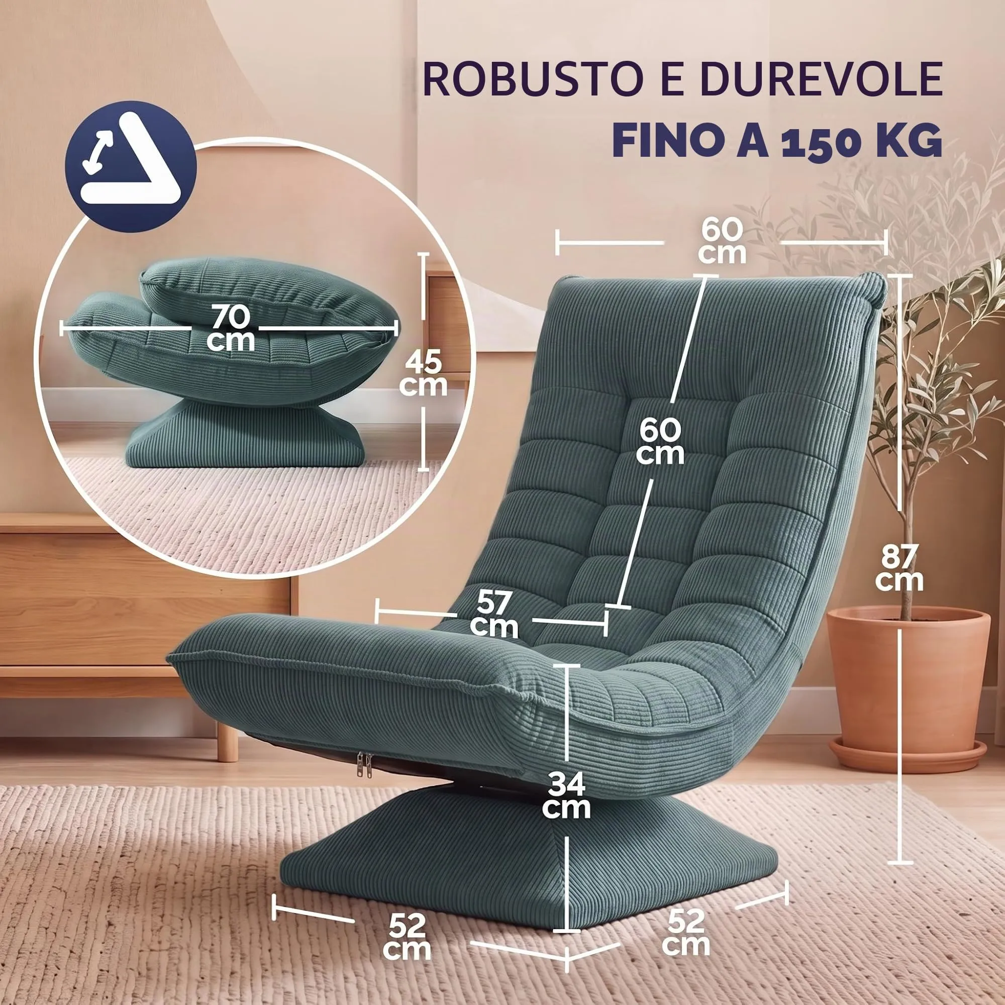 CASARIA Poltrona Relax Aberdeen Girevole a 360°, Schienale Regolabile, Cord Grey Green - immagine 2