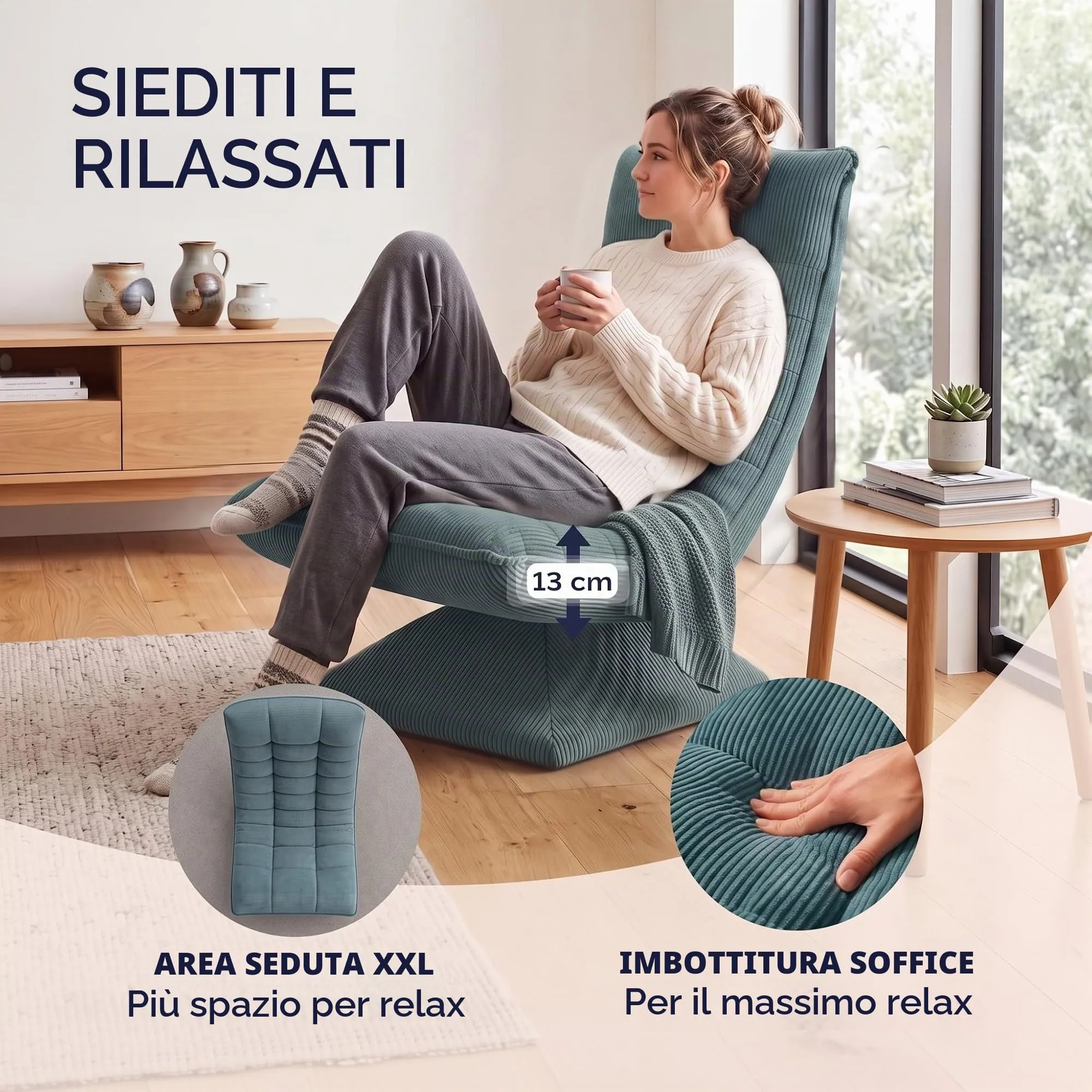 CASARIA Poltrona Relax Aberdeen Girevole a 360°, Schienale Regolabile, Cord Grey Green - immagine 3
