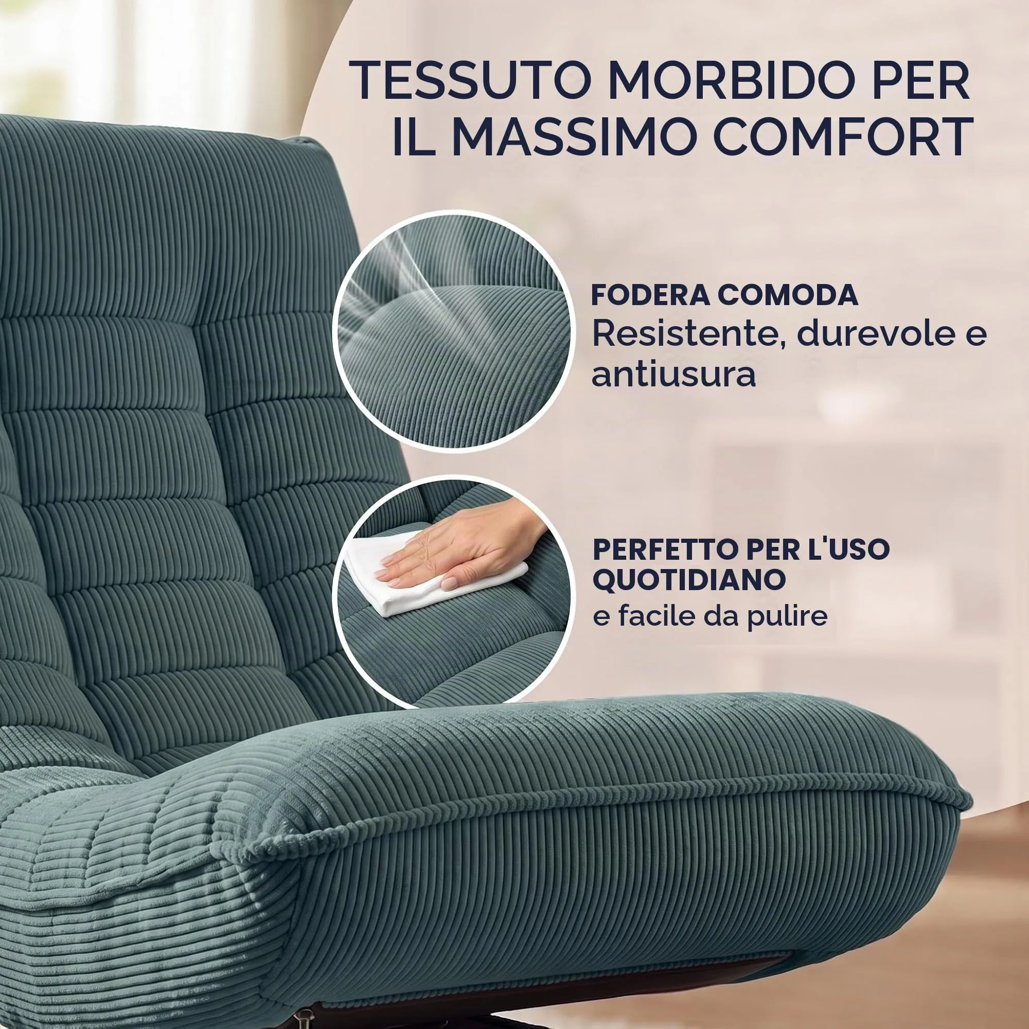 CASARIA Poltrona Relax Aberdeen Girevole a 360°, Schienale Regolabile, Cord Grey Green - immagine 4