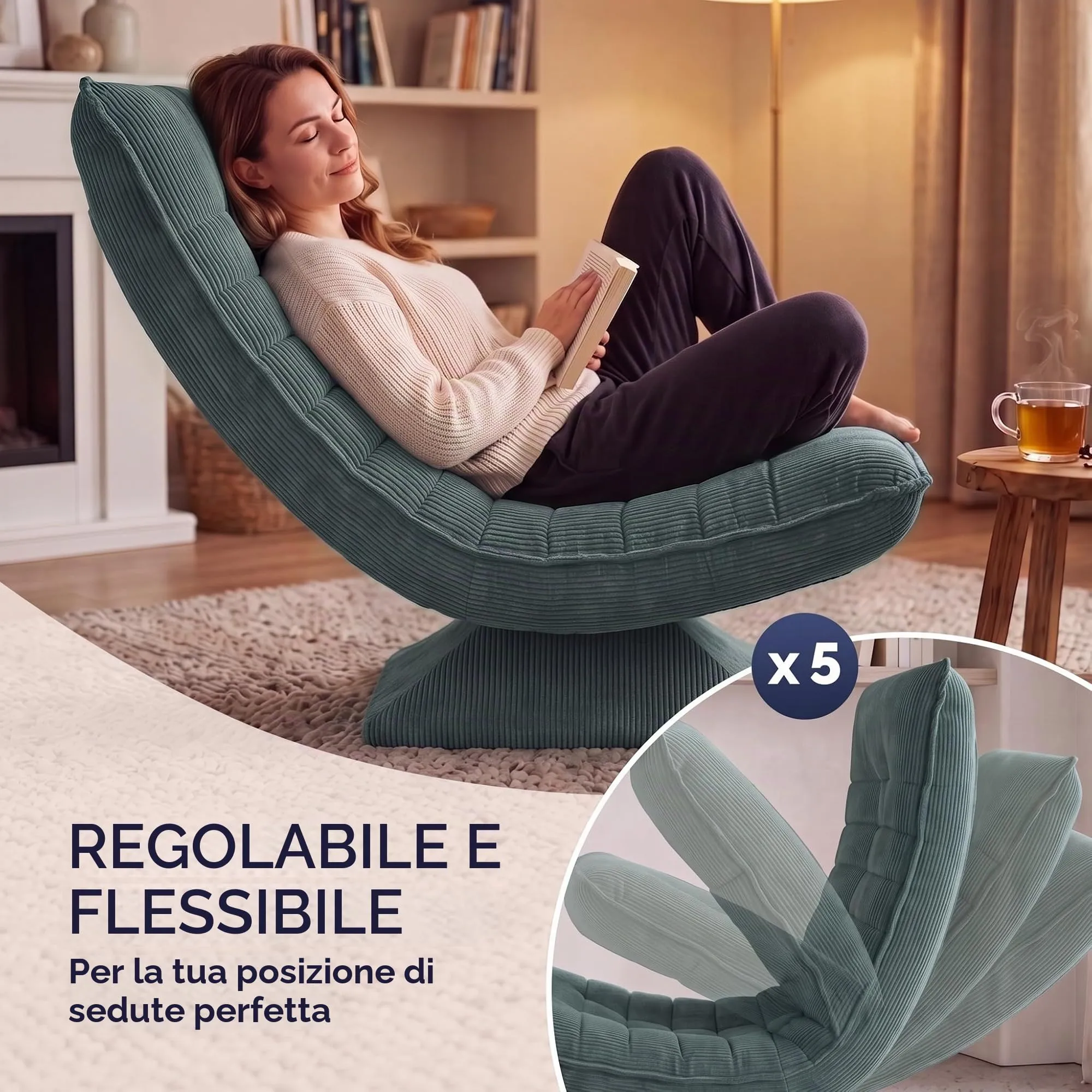 CASARIA Poltrona Relax Aberdeen Girevole a 360°, Schienale Regolabile, Cord Grey Green - immagine 5