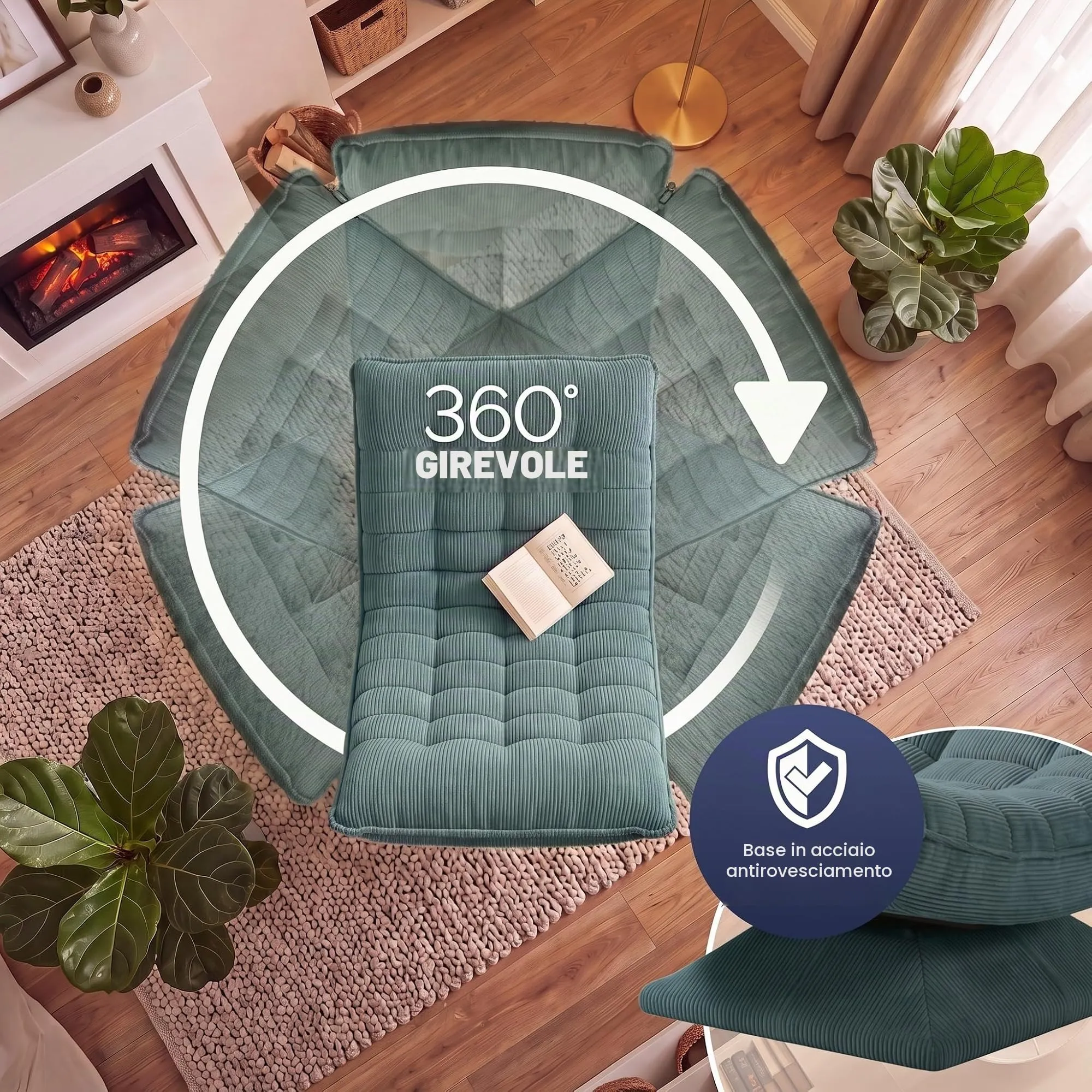 CASARIA Poltrona Relax Aberdeen Girevole a 360°, Schienale Regolabile, Cord Grey Green - immagine 6