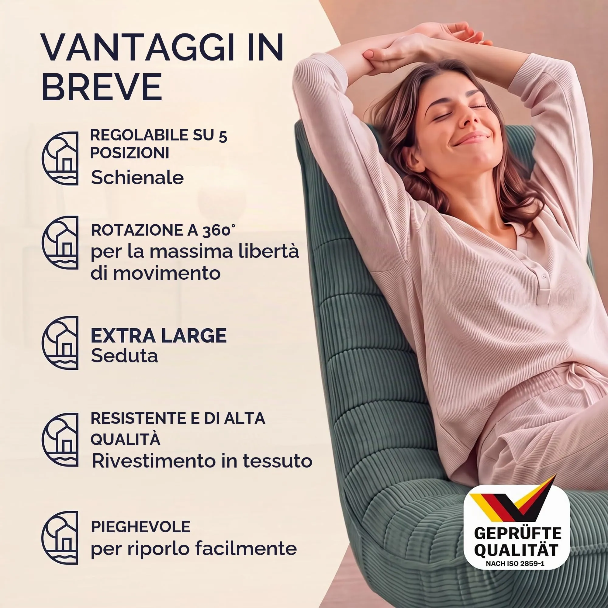CASARIA Poltrona Relax Aberdeen Girevole a 360°, Schienale Regolabile, Cord Grey Green - immagine 7