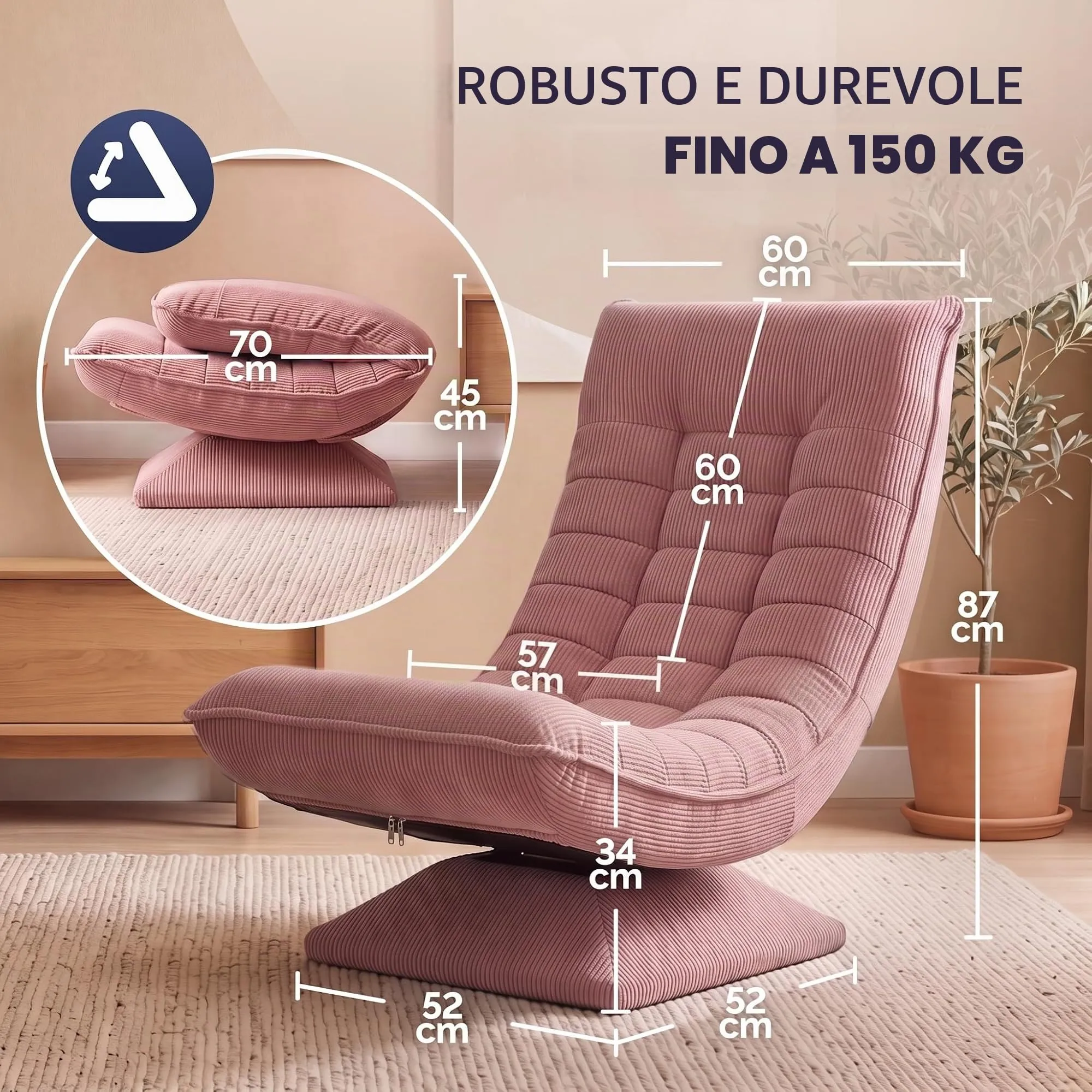 CASARIA Poltrona Relax Aberdeen Girevole a 360° con Schienale Regolabile, Cord Rosa Scuro - immagine 2