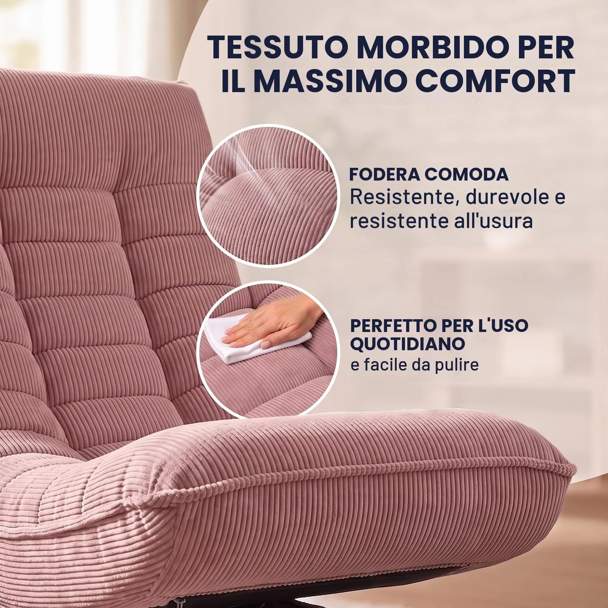CASARIA Poltrona Relax Aberdeen Girevole a 360° con Schienale Regolabile, Cord Rosa Scuro - immagine 4
