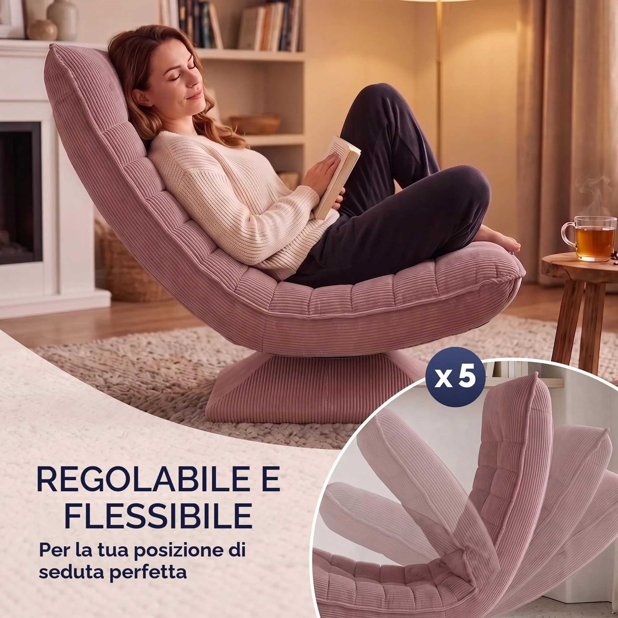CASARIA Poltrona Relax Aberdeen Girevole a 360° con Schienale Regolabile, Cord Rosa Scuro - immagine 5
