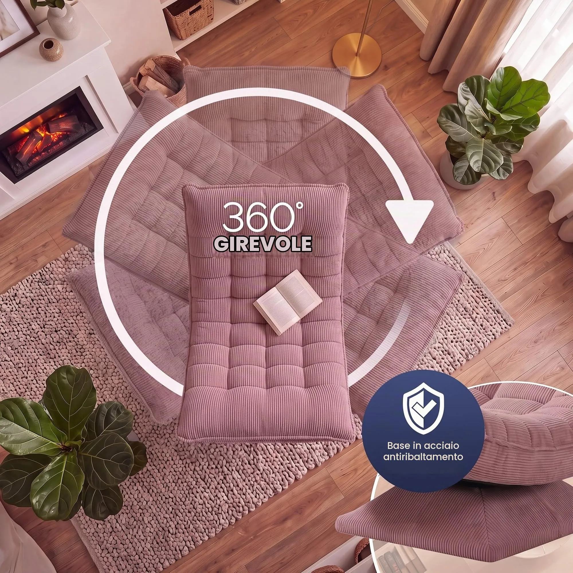 CASARIA Poltrona Relax Aberdeen Girevole a 360° con Schienale Regolabile, Cord Rosa Scuro - immagine 6