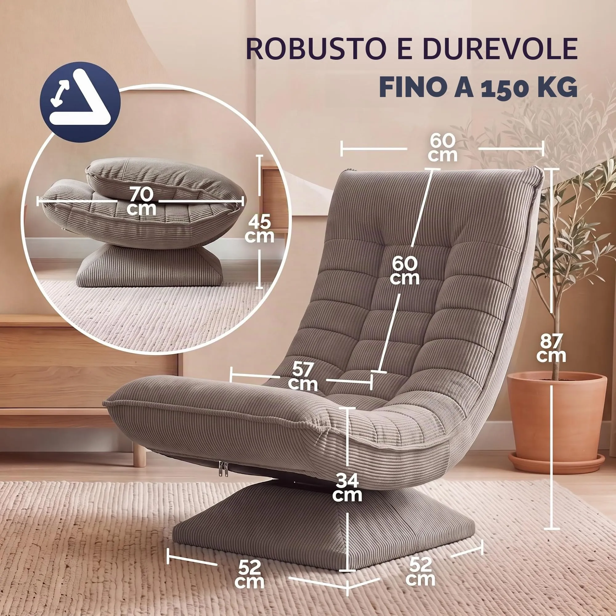 Casaria Poltrona Relax Aberdeen con Schienale Regolabile, Cord Tortora - immagine 2