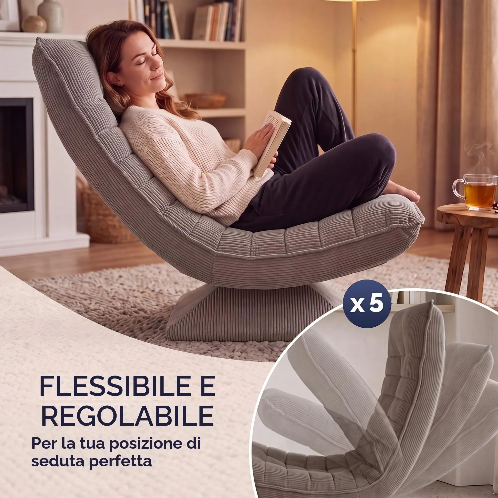 Casaria Poltrona Relax Aberdeen con Schienale Regolabile, Cord Tortora - immagine 5