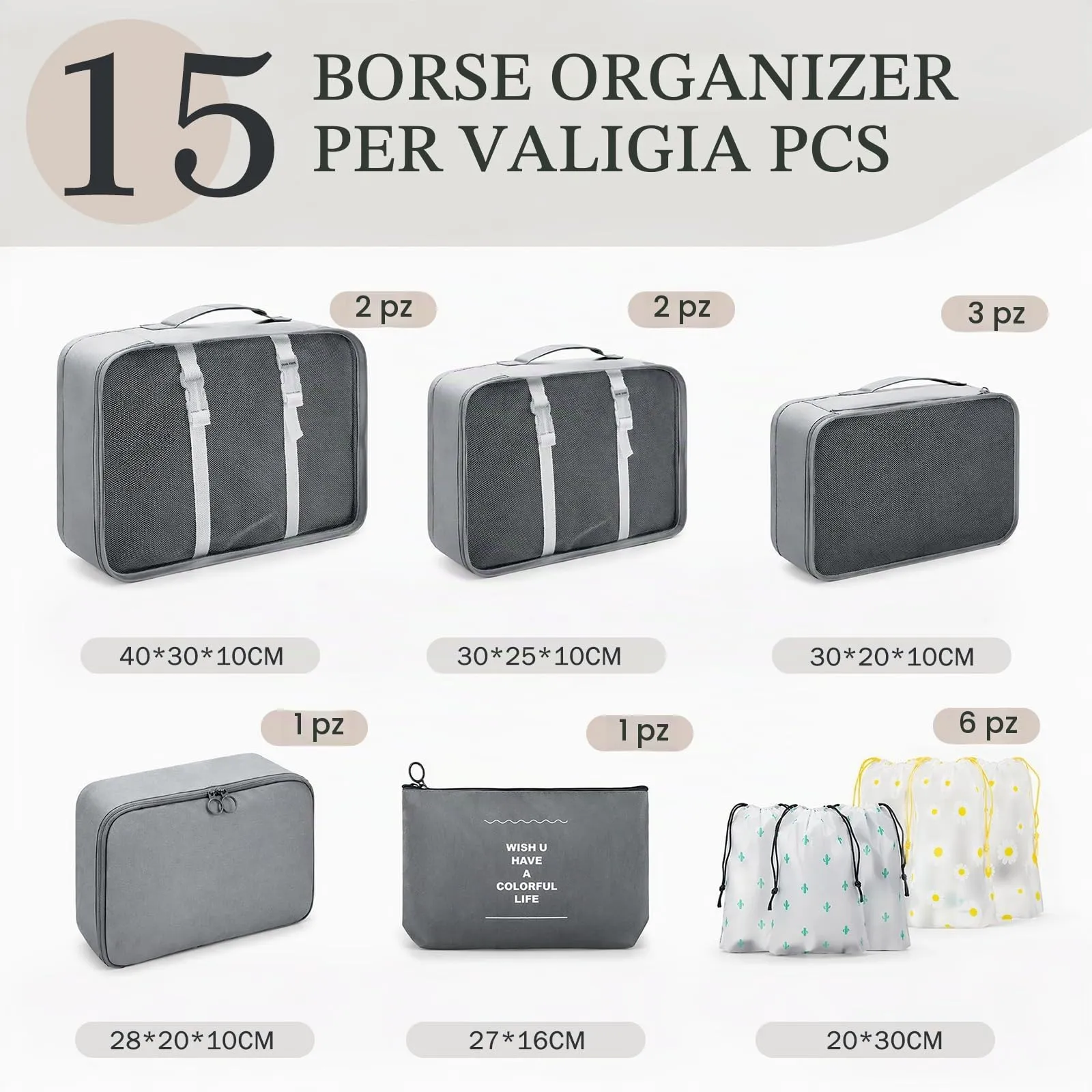 ZOVRIXIA Set Organizer Valigia 15 Pezzi, Packing Cubes e Divisori Accessori Viaggio - immagine 2