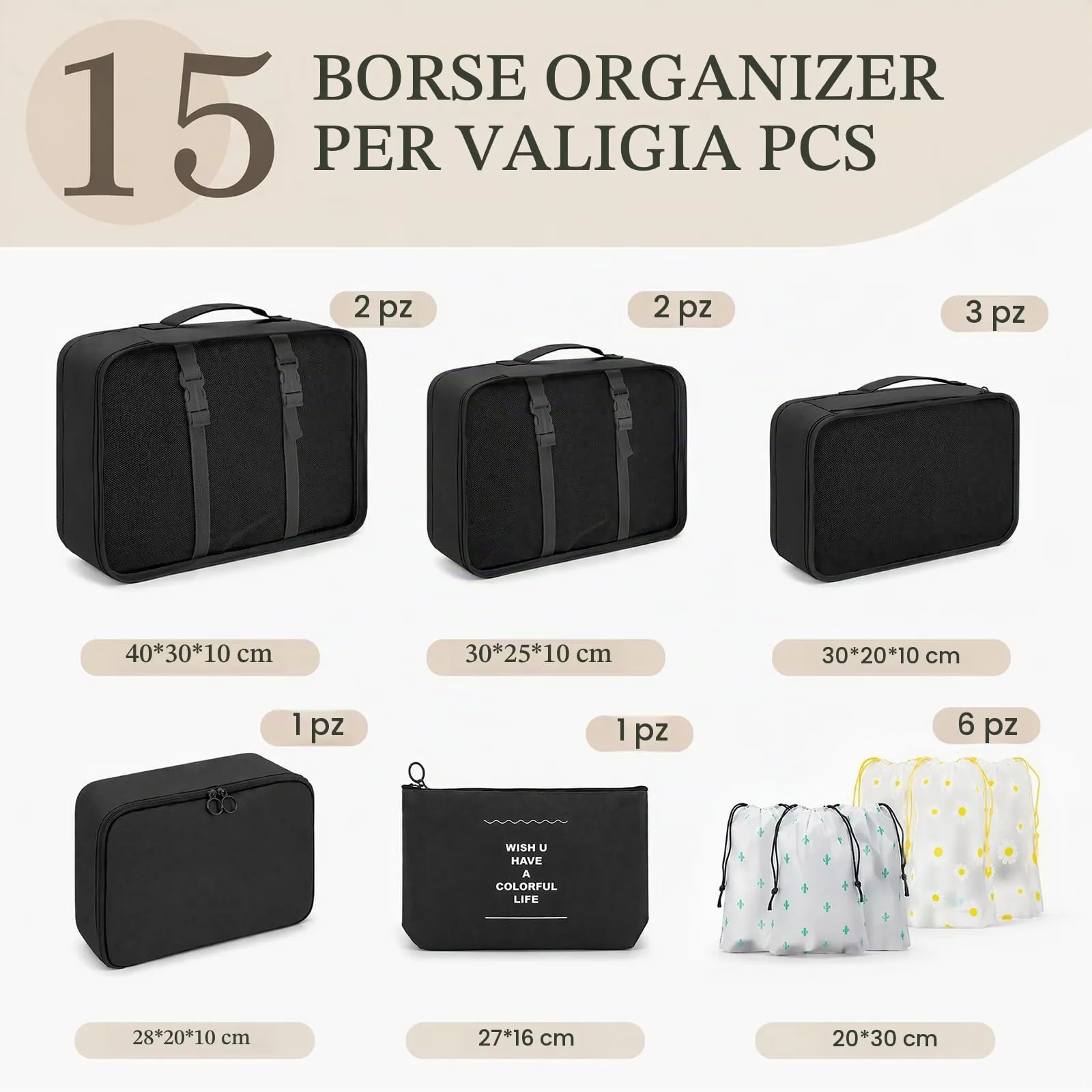 ZOVRIXIA Set Organizer Valigia 15 Pezzi, Packing Cubes e Divisori Accessori Viaggio - immagine 2