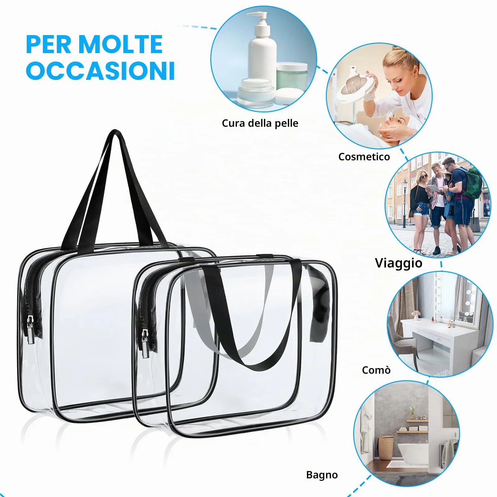 Aucuu Beauty Case Trasparente, 2 Pezzi Borse da Toilette Impermeabili da Viaggio - immagine 4