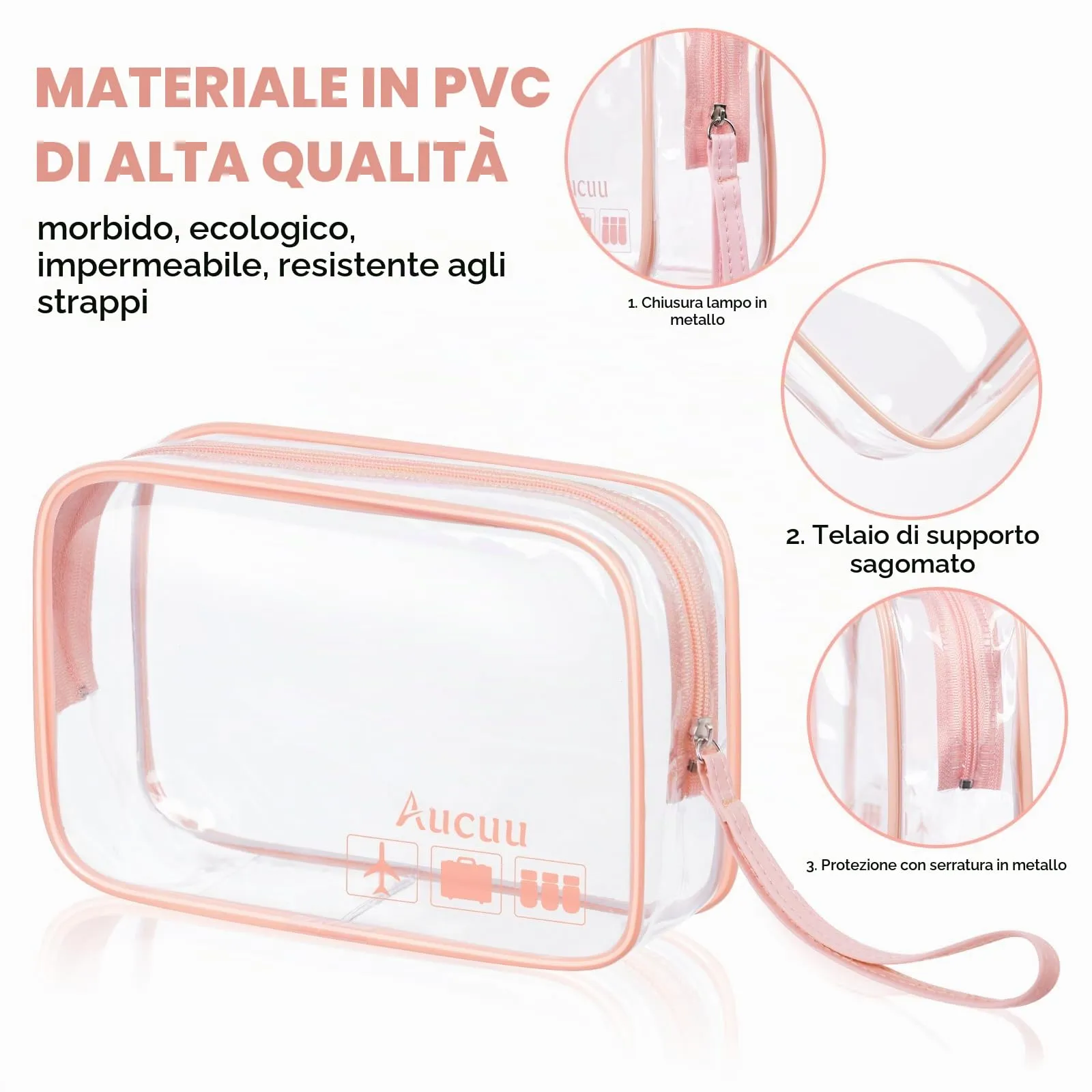 Aucuu Beauty Case Trasparente, 2 Pezzi Borse da Toilette Impermeabili da Viaggio - immagine 3