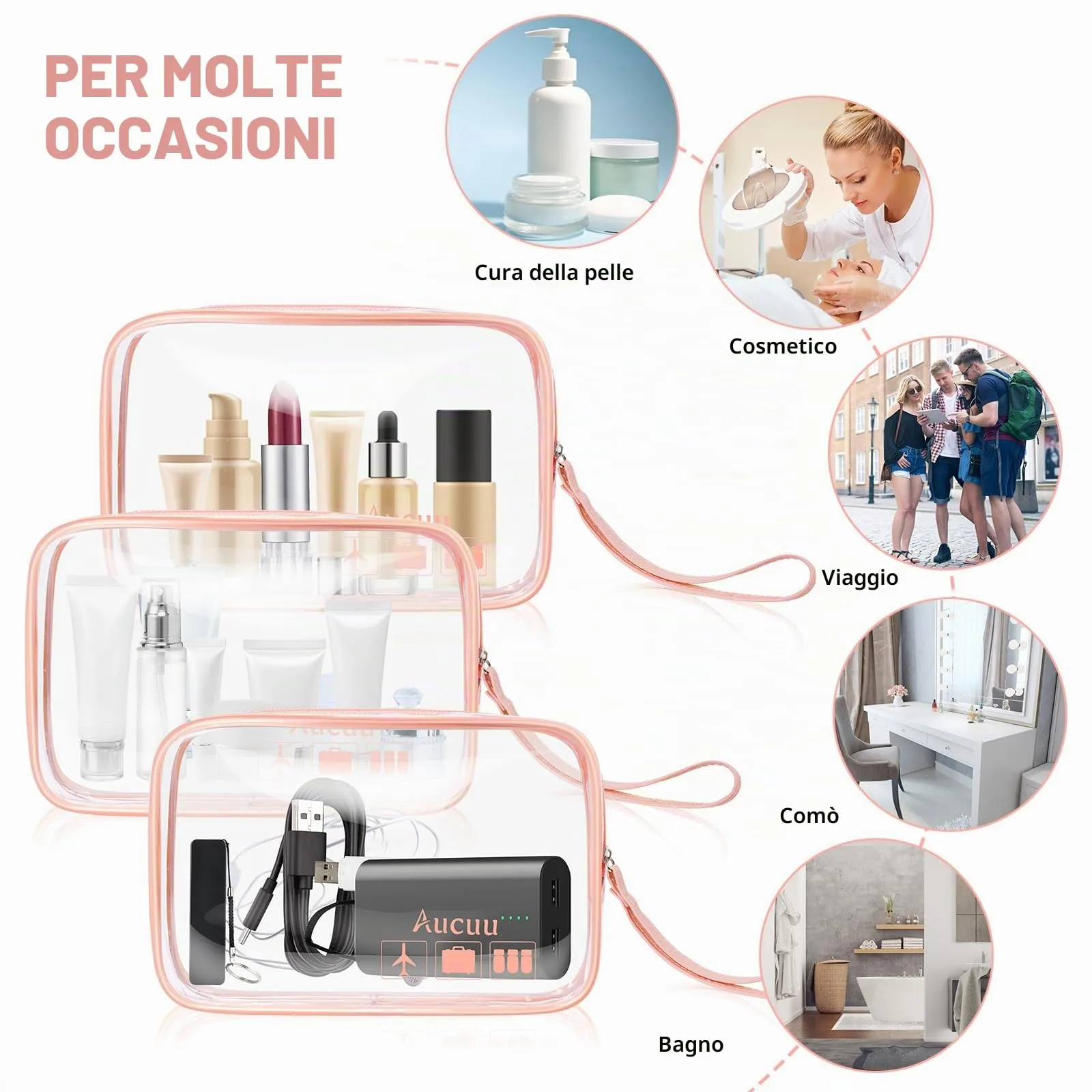 Aucuu Beauty Case Trasparente, 2 Pezzi Borse da Toilette Impermeabili da Viaggio - immagine 4