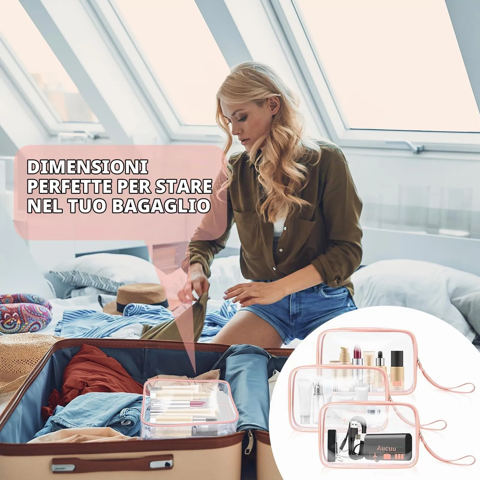Aucuu Beauty Case Trasparente, 2 Pezzi Borse da Toilette Impermeabili da Viaggio - immagine 7