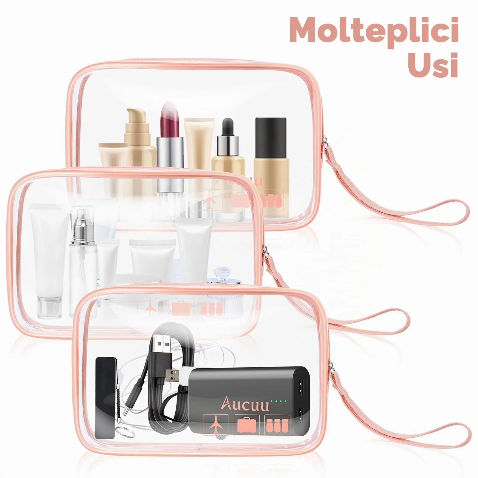 Aucuu Beauty Case Trasparente, 2 Pezzi Borse da Toilette Impermeabili da Viaggio - immagine 9