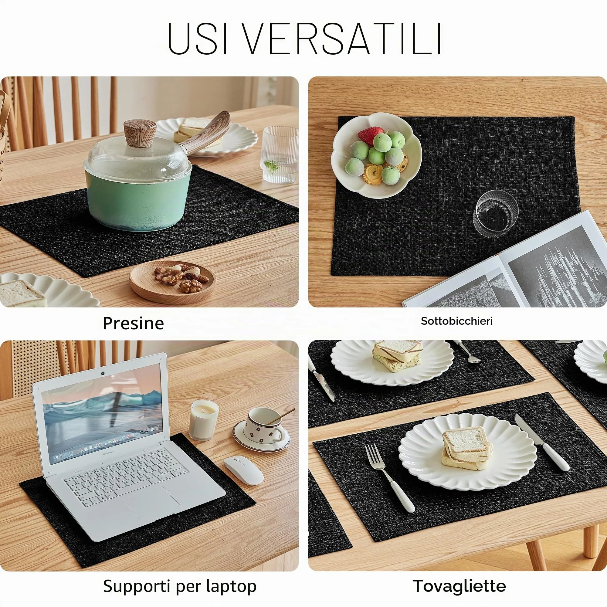 Softalker Set di 6 tovagliette in finto lino, 30,5 x 45,7 cm, nero - immagine 5