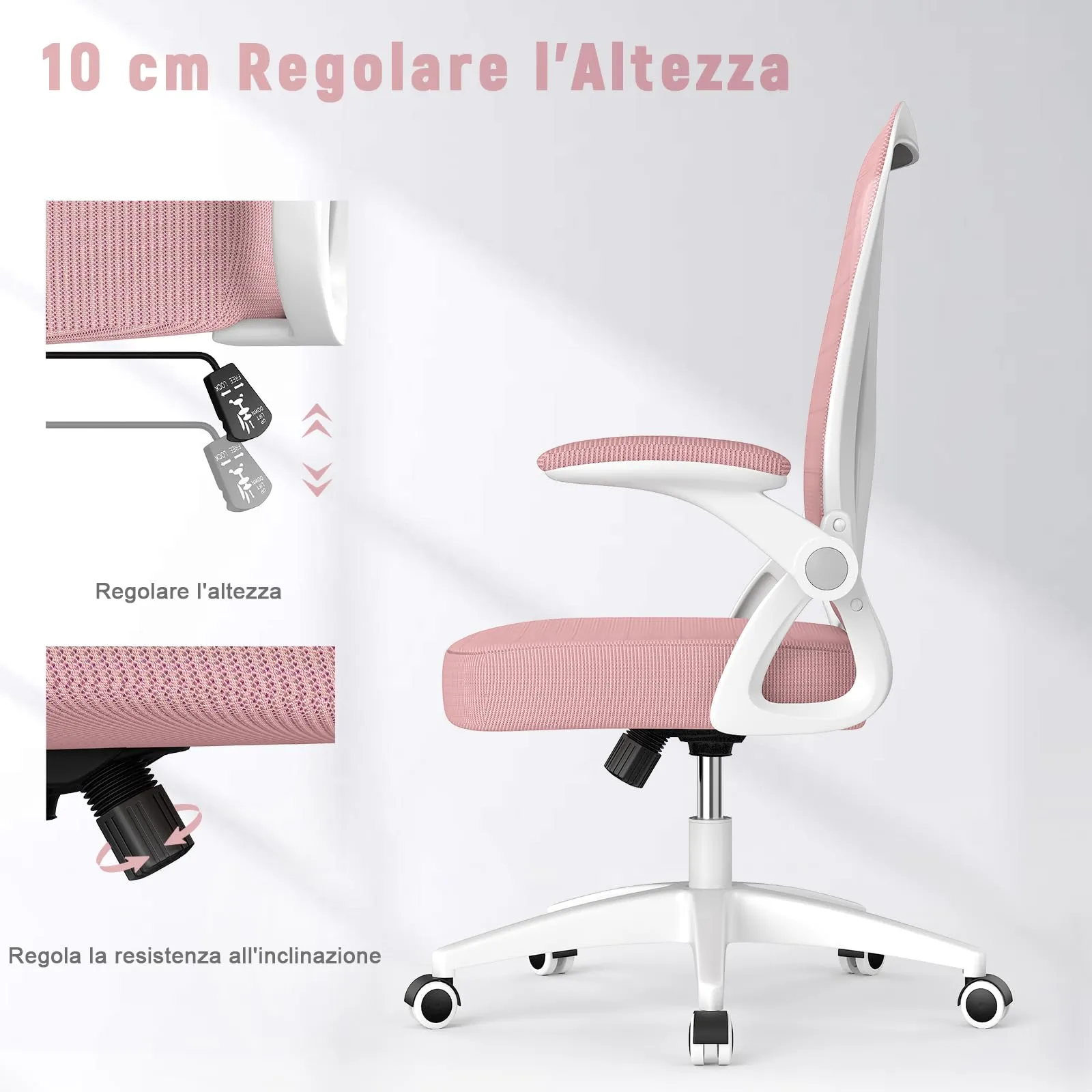 rattantree Sedia da Ufficio con Supporto Lombare e Braccioli Regolabili, Rosa - immagine 2