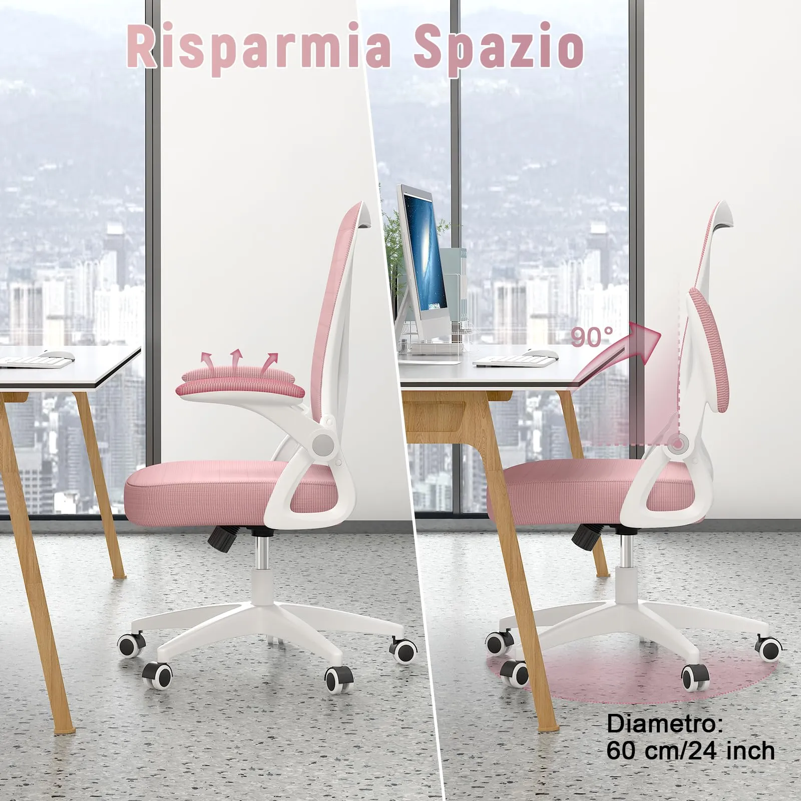 rattantree Sedia da Ufficio con Supporto Lombare e Braccioli Regolabili, Rosa - immagine 4