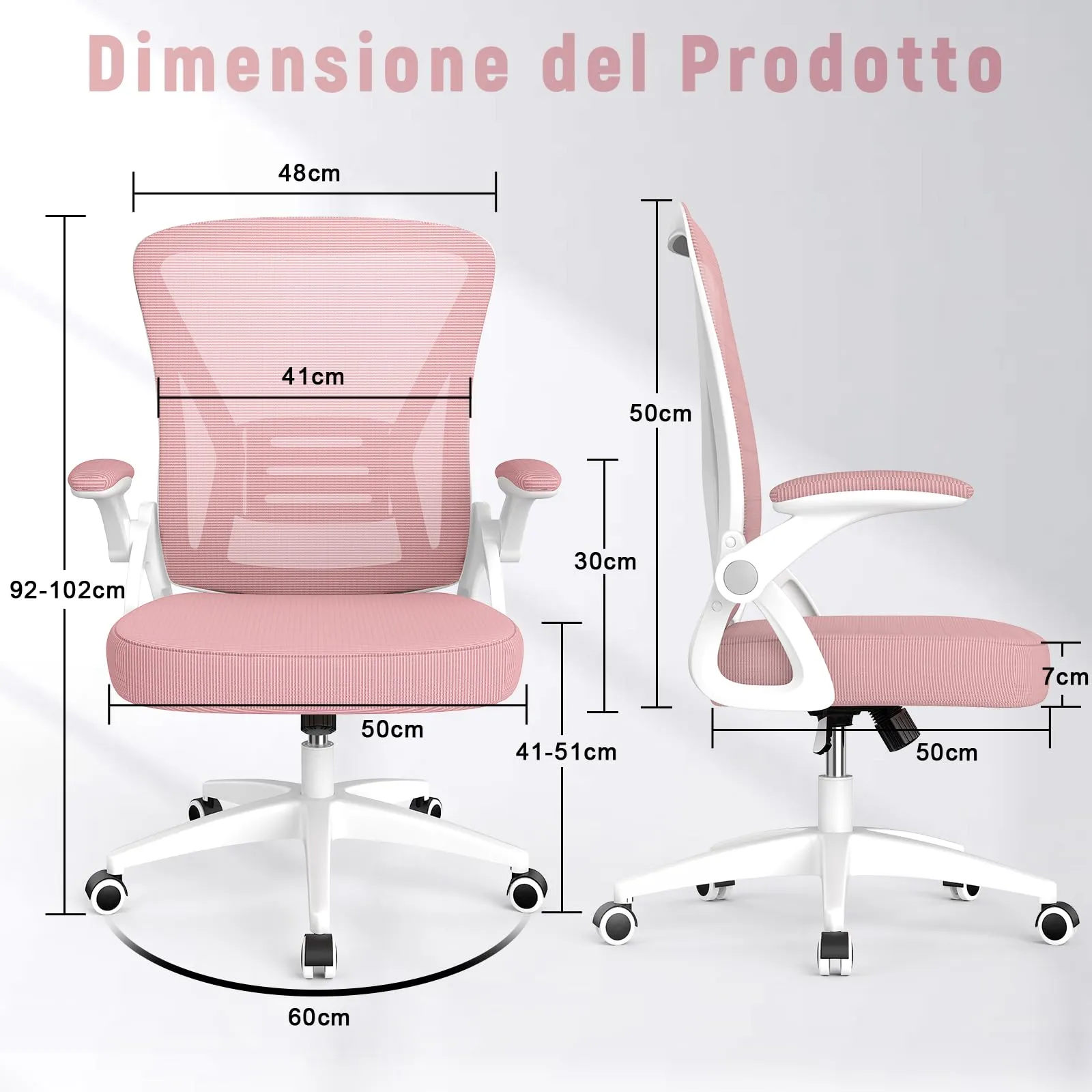 rattantree Sedia da Ufficio con Supporto Lombare e Braccioli Regolabili, Rosa - immagine 6