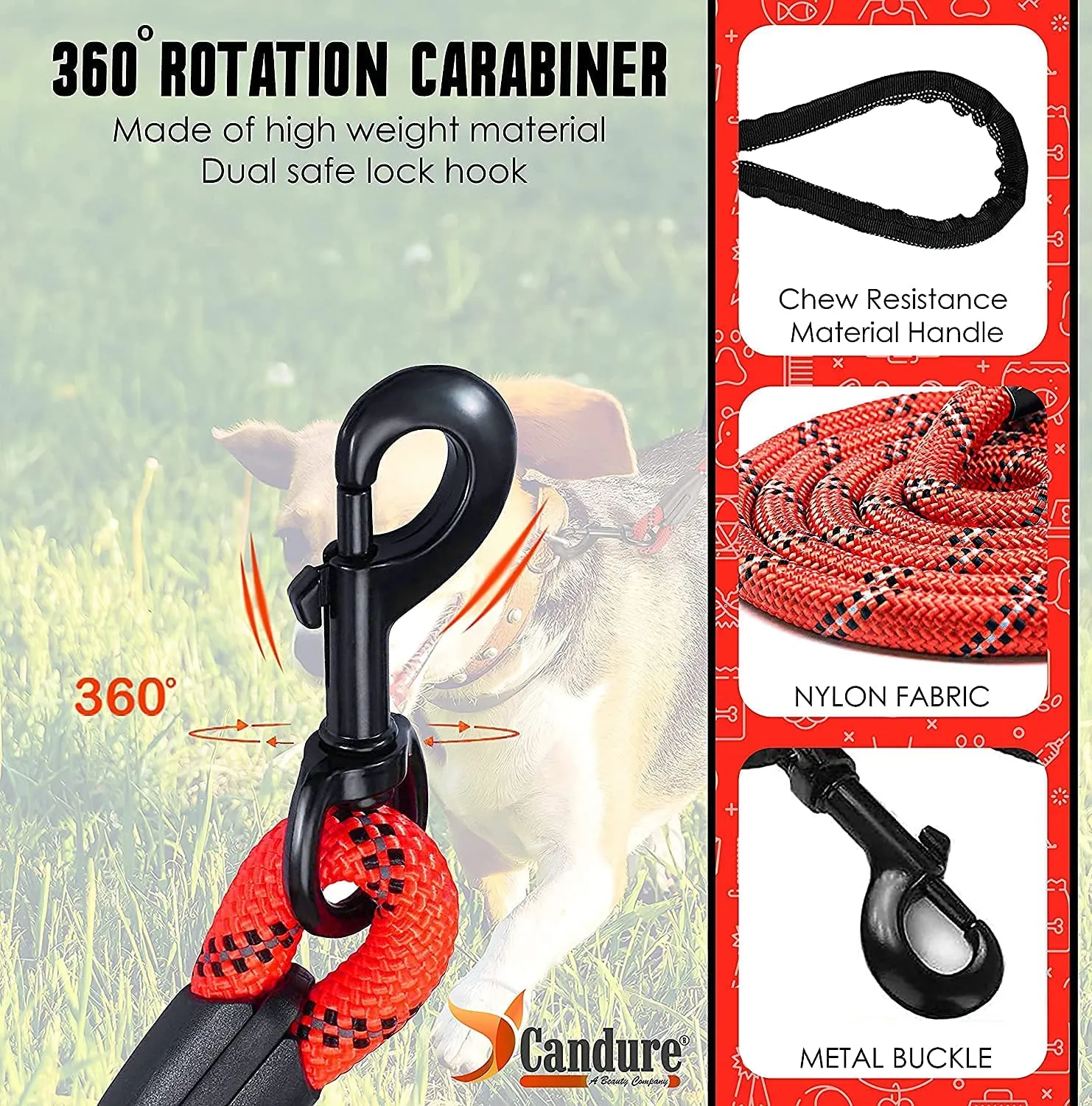Candure Guinzaglio per Cani in Nylon Riflettente con Impugnatura Imbottita, 5ft, Rosso - immagine 2