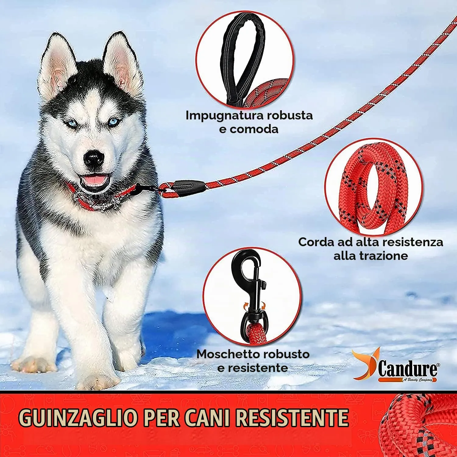 Candure Guinzaglio per Cani in Nylon Riflettente con Impugnatura Imbottita, 5ft, Rosso - immagine 3