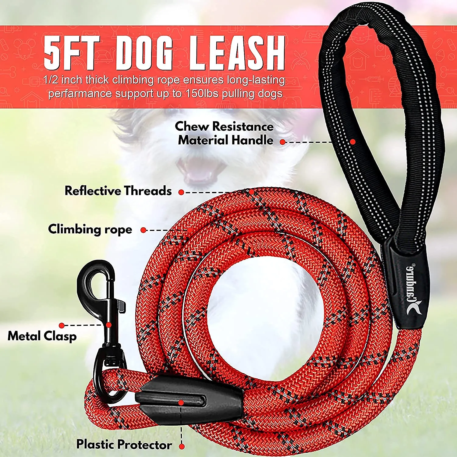 Candure Guinzaglio per Cani in Nylon Riflettente con Impugnatura Imbottita, 5ft, Rosso - immagine 6