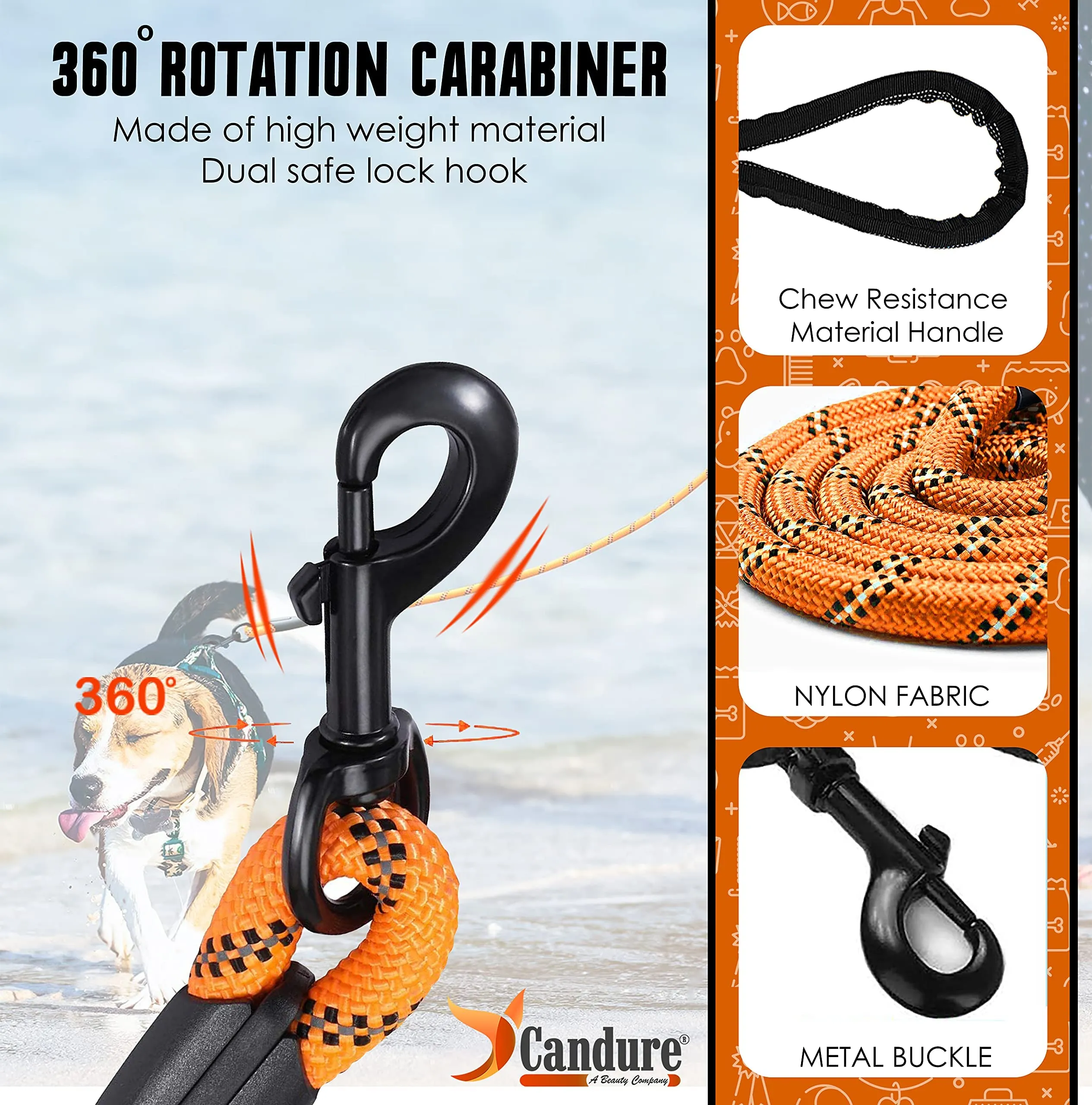 Candure Guinzaglio per Cani in Nylon Riflettente con Impugnatura Imbottita, 1,5 m (Arancia) - immagine 2