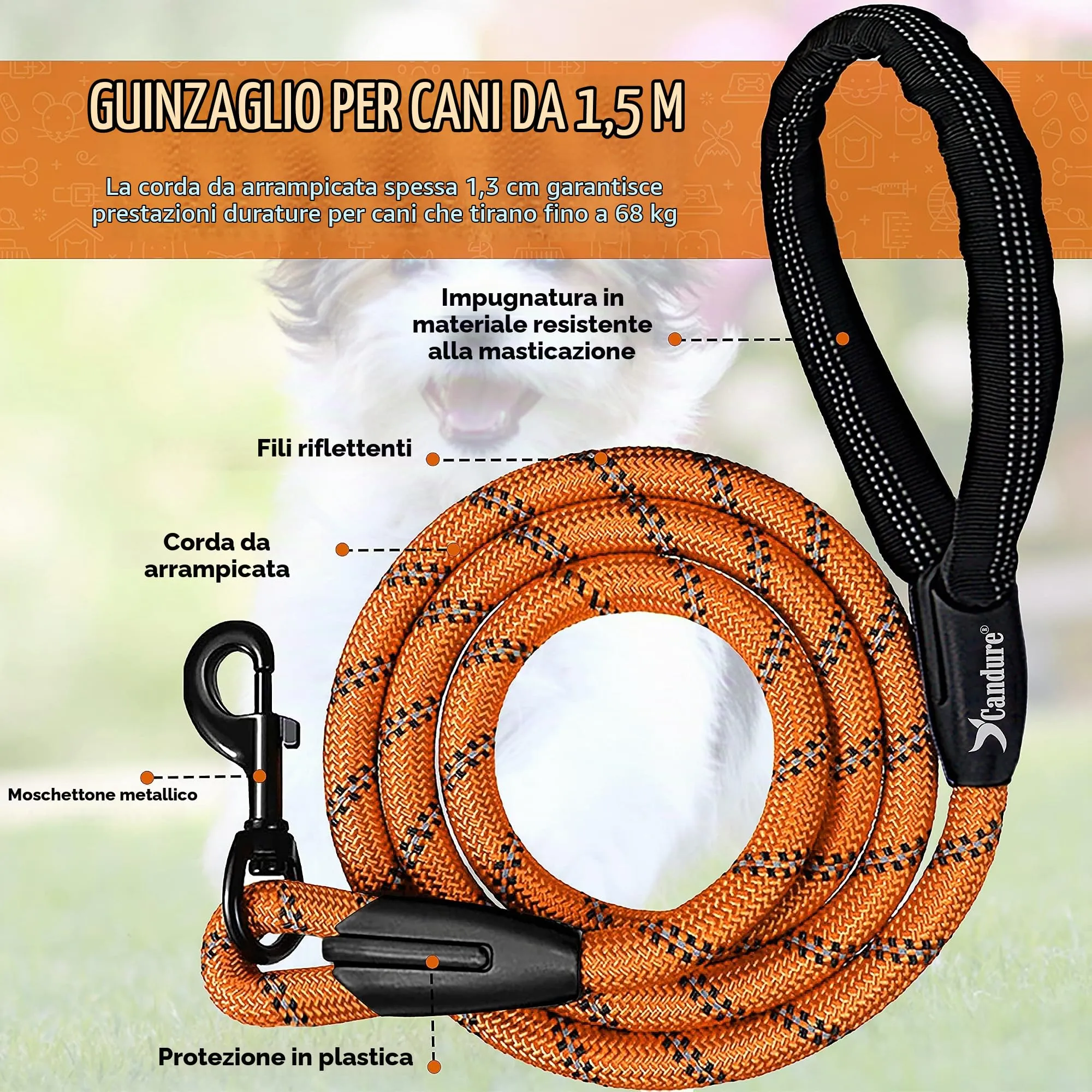 Candure Guinzaglio per Cani in Nylon Riflettente con Impugnatura Imbottita, 1,5 m (Arancia) - immagine 3