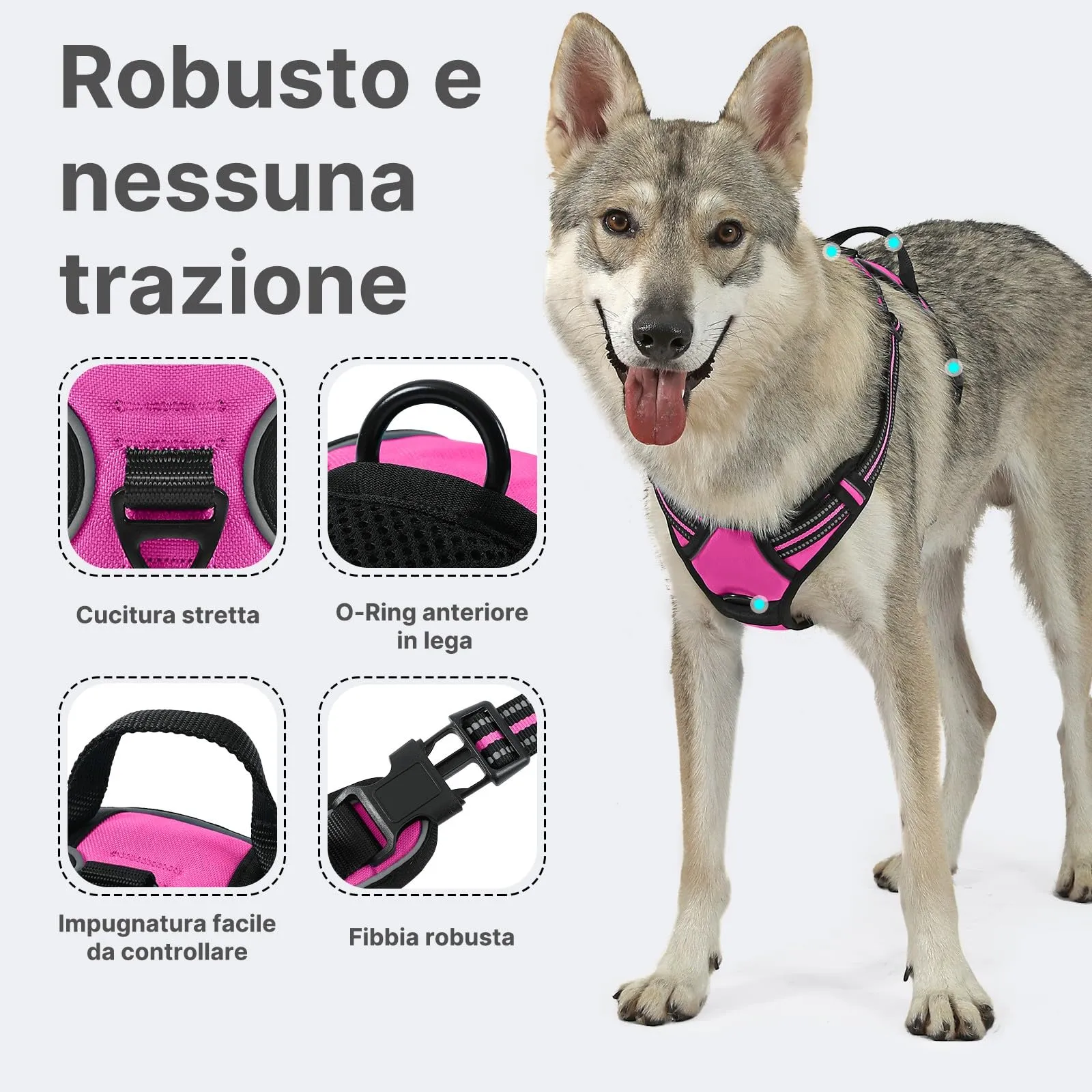 COMSLE Pettorina per Cani Anti Tiro Riflettente, Imbracatura Regolabile con 2 Ganci in Metallo, Rosa Rosso, M - immagine 3