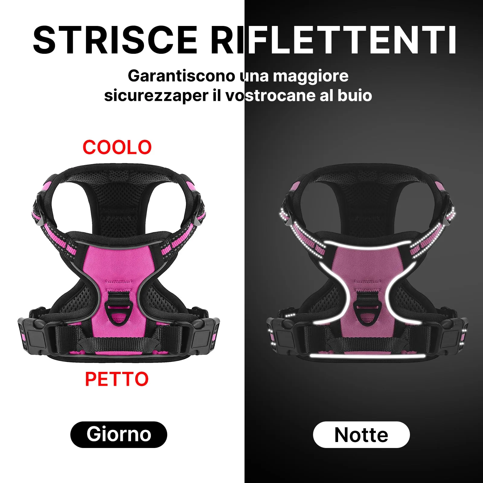 COMSLE Pettorina per Cani Anti Tiro Riflettente, Imbracatura Regolabile con 2 Ganci in Metallo, Rosa Rosso, M - immagine 6