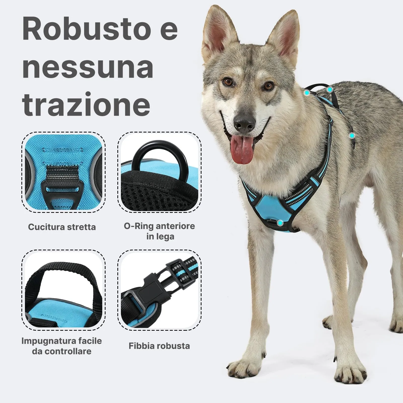 COMSLE Pettorina per Cani Anti Tiro Riflettente, Imbracatura Regolabile con 2 Ganci in Metallo (Blu, L) - immagine 3