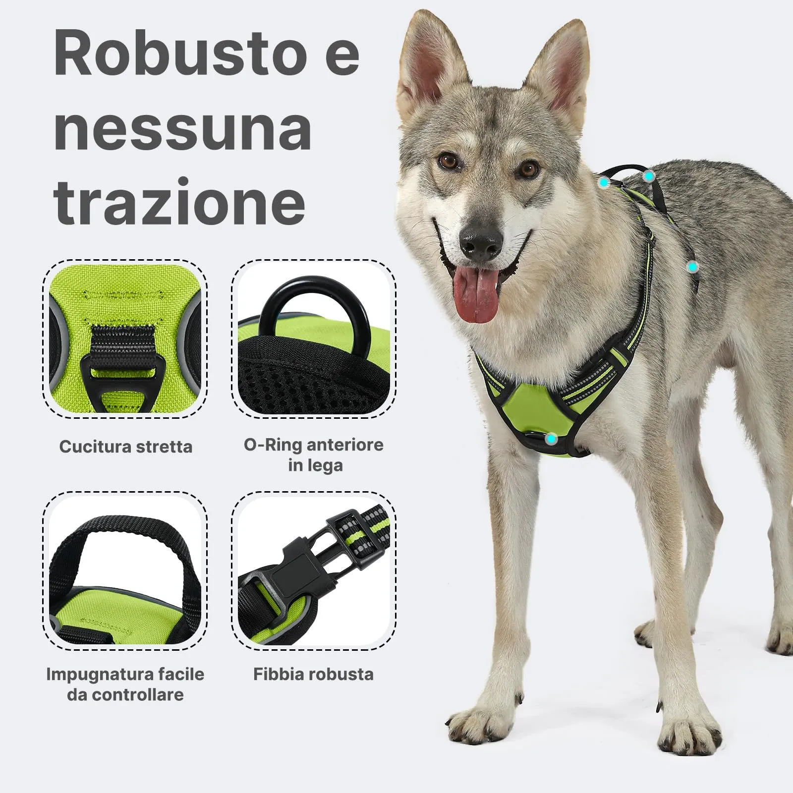COMSLE Pettorina per Cani Anti Tiro Riflettente, Imbracatura Regolabile con 2 Ganci in Metallo (Verde, L) - immagine 3