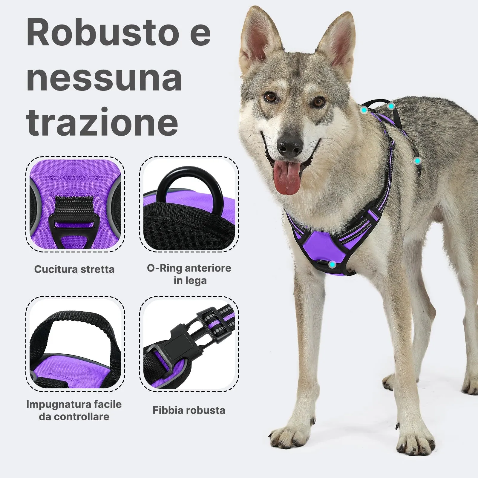 COMSLE Pettorina per Cani Anti Tiro Riflettente, Imbracatura Regolabile con 2 Ganci in Metallo (Viola, M) - immagine 3