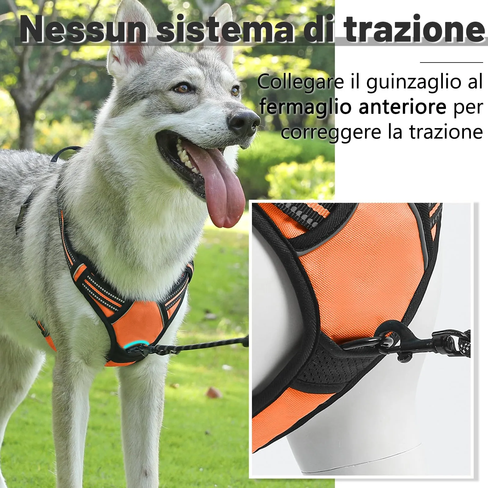 COMSLE Pettorina Cane Anti Tiro Riflettente Regolabile con 2 Ganci in Metallo (Arancione, M) - immagine 5