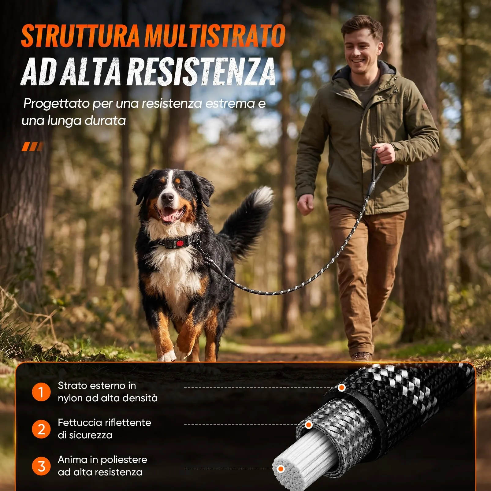 REVER Guinzaglio per Cani in Nylon, 300 cm, Nero - immagine 4