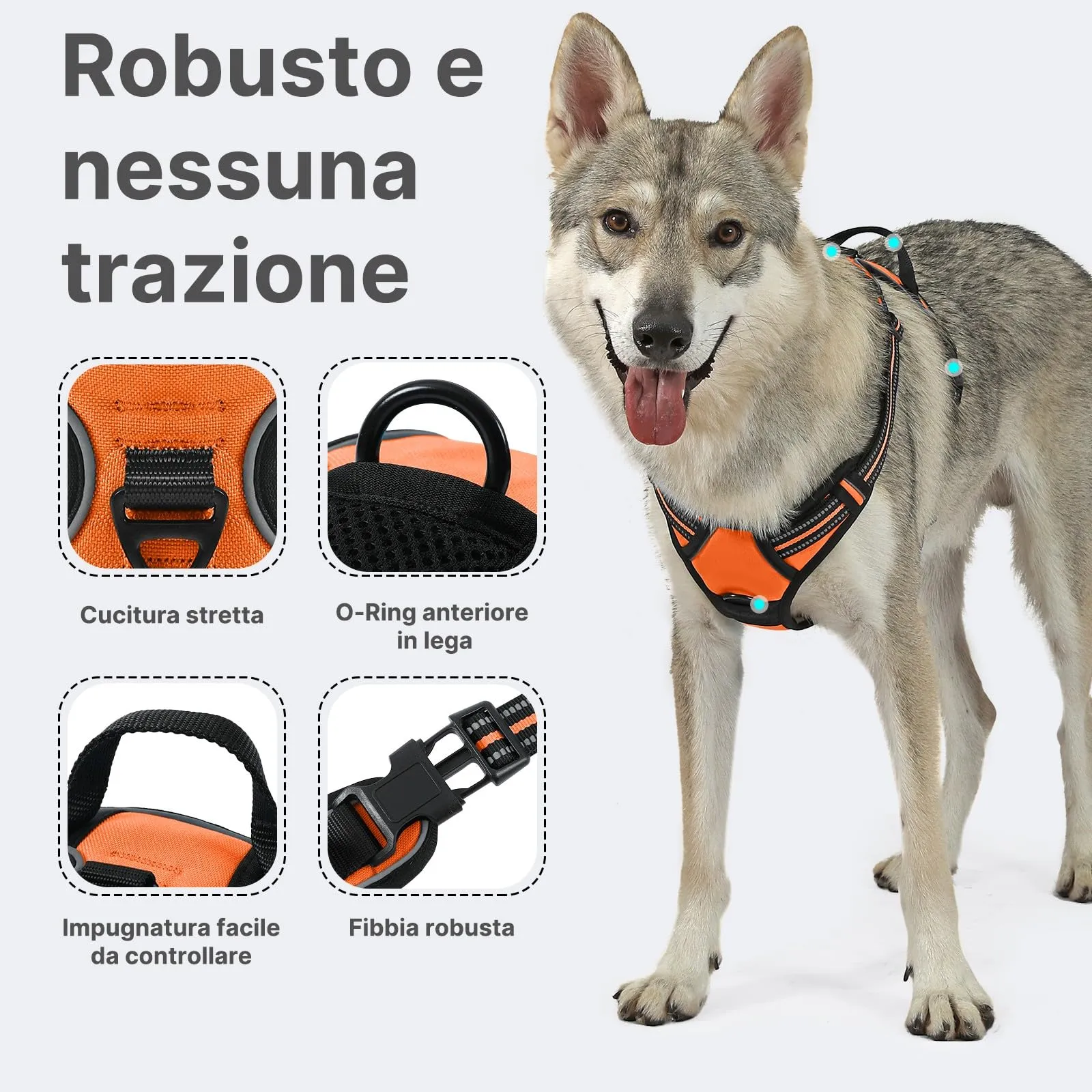 COMSLE Pettorina per Cani Anti Tiro Riflettente, Imbracatura Regolabile con 2 Ganci in Metallo, Arancione, L - immagine 3
