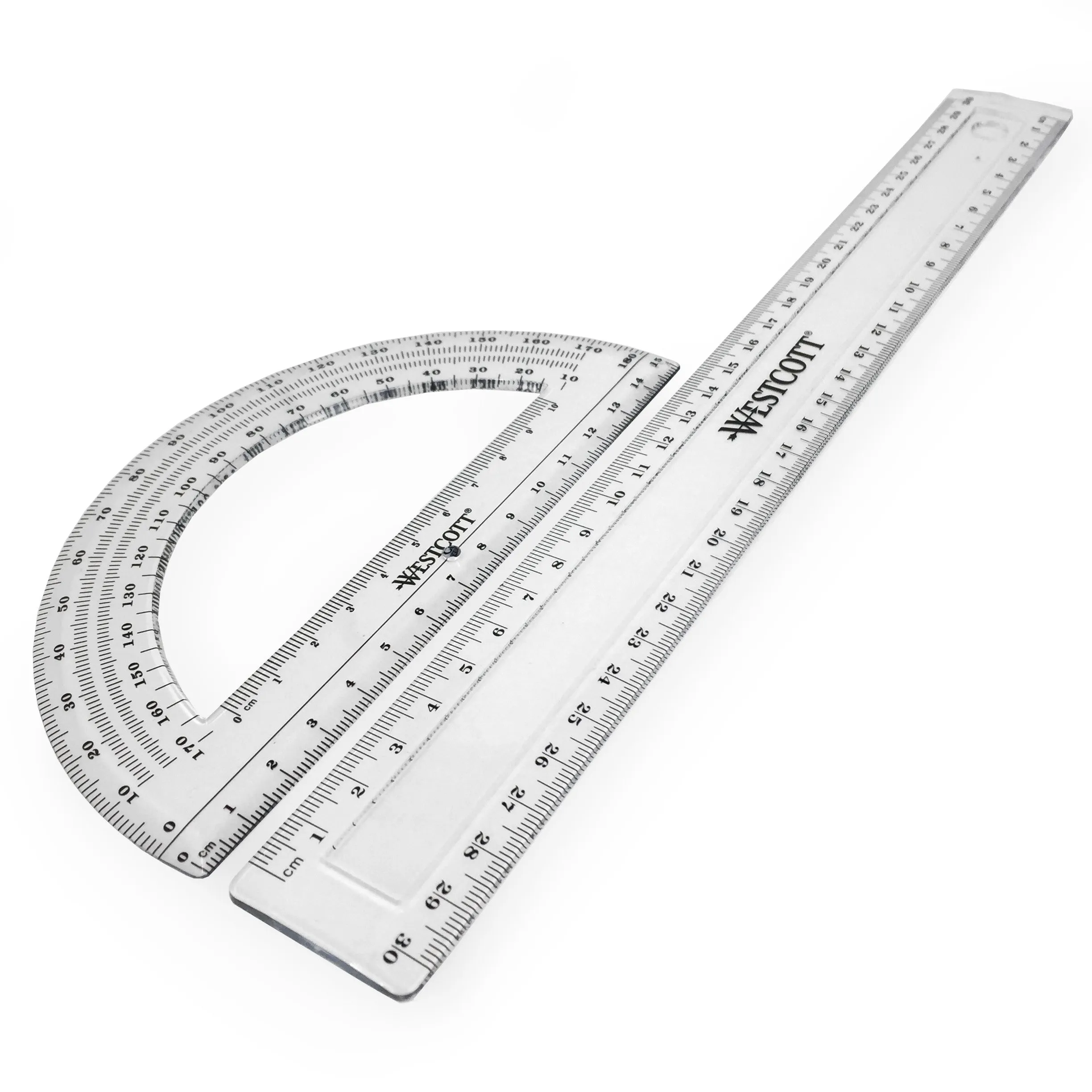 Westcott Set Geometrico 4 Pezzi, Righello 30 cm, Triangoli 45° e 60°, Goniometro 180°, Plastica Trasparente, E-10304 00 - immagine 2