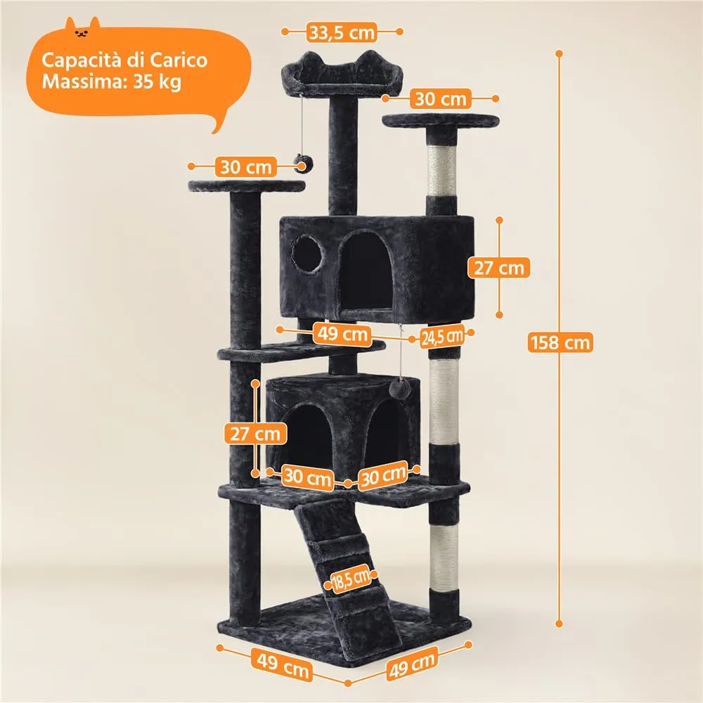 Yaheetech Albero Tiragraffi per Gatti Multilivello, 158 cm, Nero - immagine 2