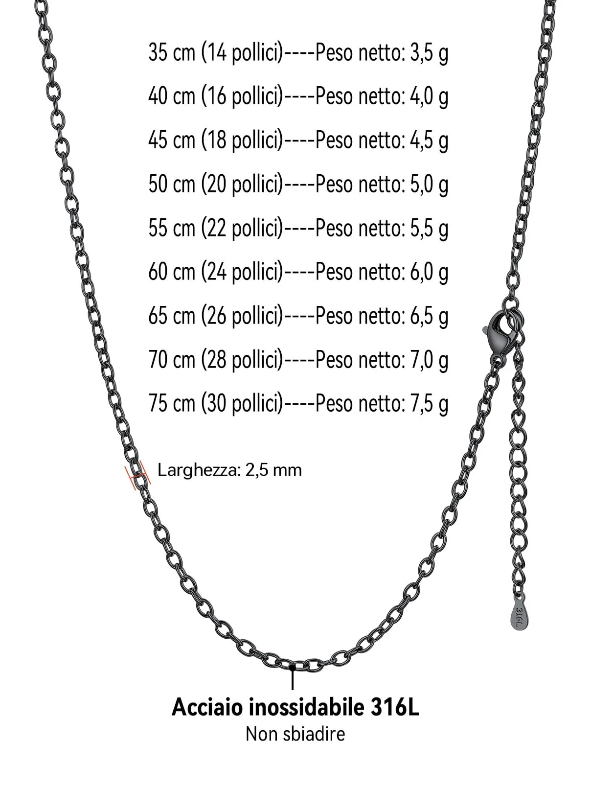 FaithHeart Catenina Donna Nero 2.5mm 40cm in Acciaio Inox 316L - immagine 7