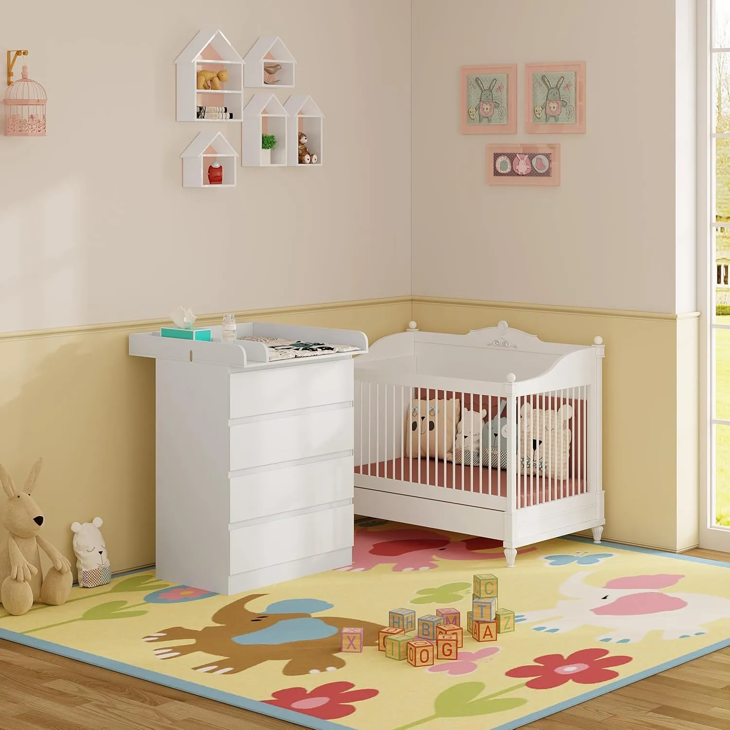 WOLTU Fasciatoio Mobile per Bambini con Cassettiera a 4 Cassetti, Legno MDF e Truciolare, Bianco - immagine 2