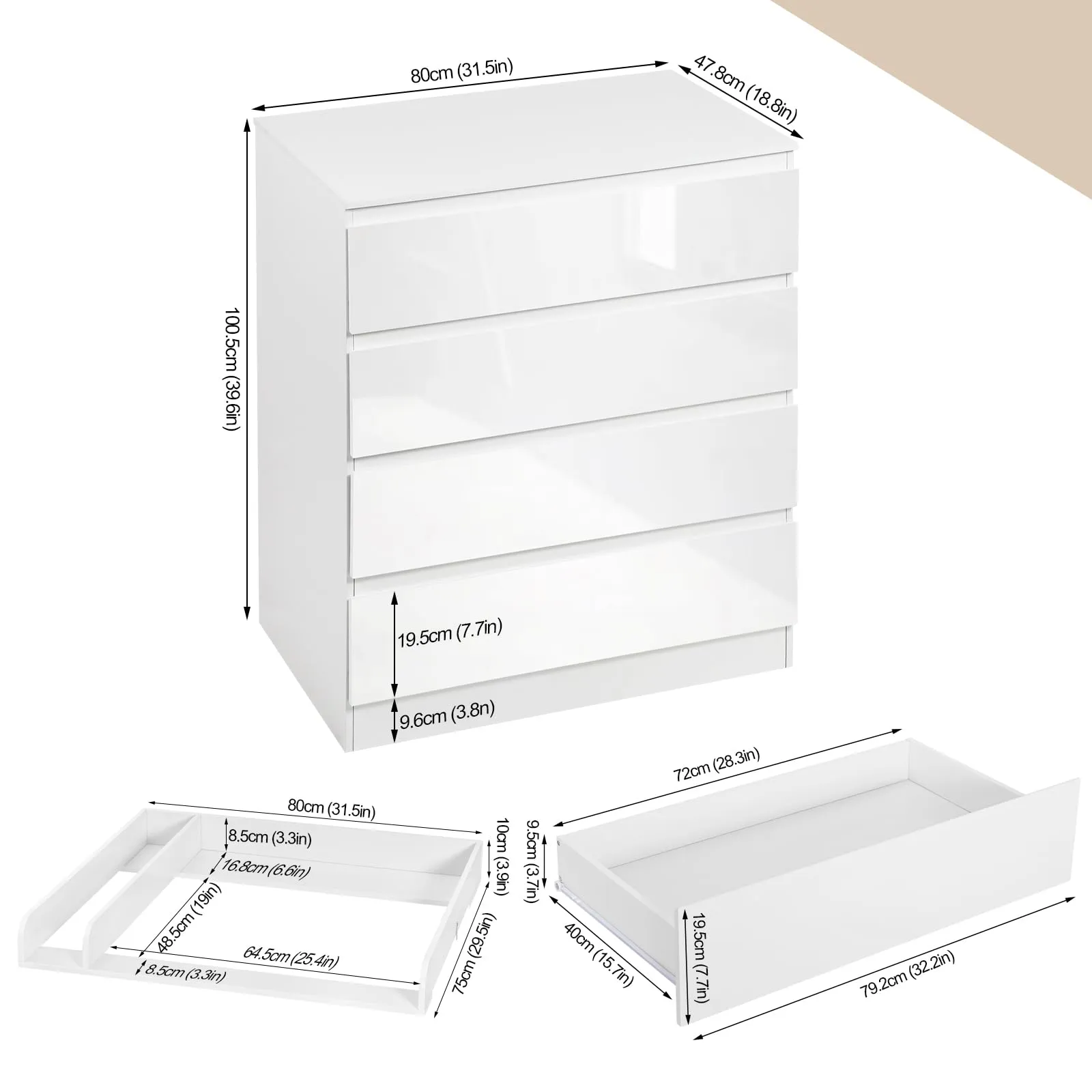 WOLTU Fasciatoio Mobile per Bambini con Cassettiera a 4 Cassetti, Legno MDF e Truciolare, Bianco - immagine 3
