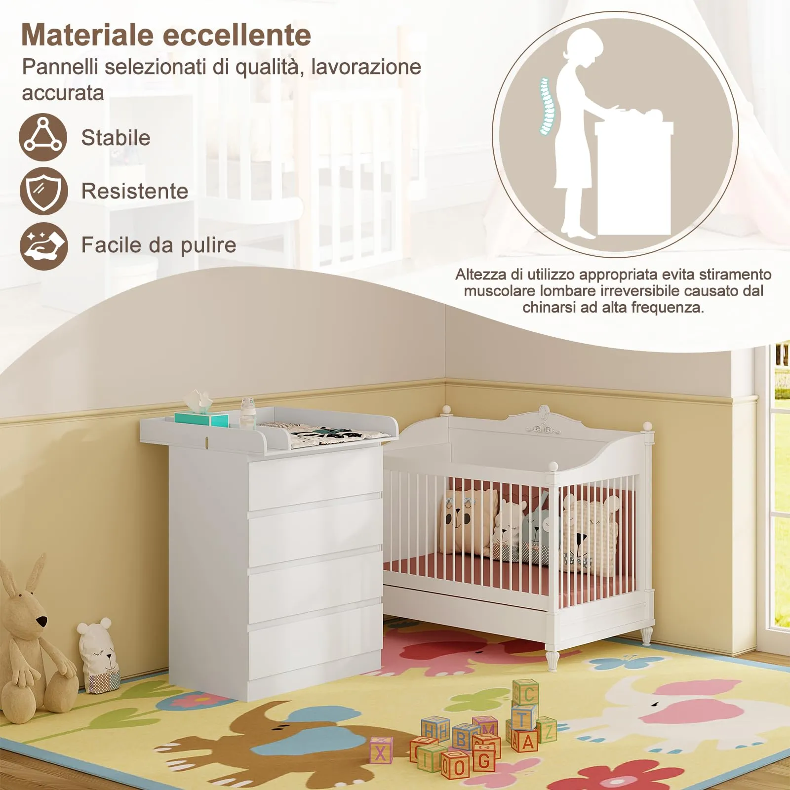 WOLTU Fasciatoio Mobile per Bambini con Cassettiera a 4 Cassetti, Legno MDF e Truciolare, Bianco - immagine 4