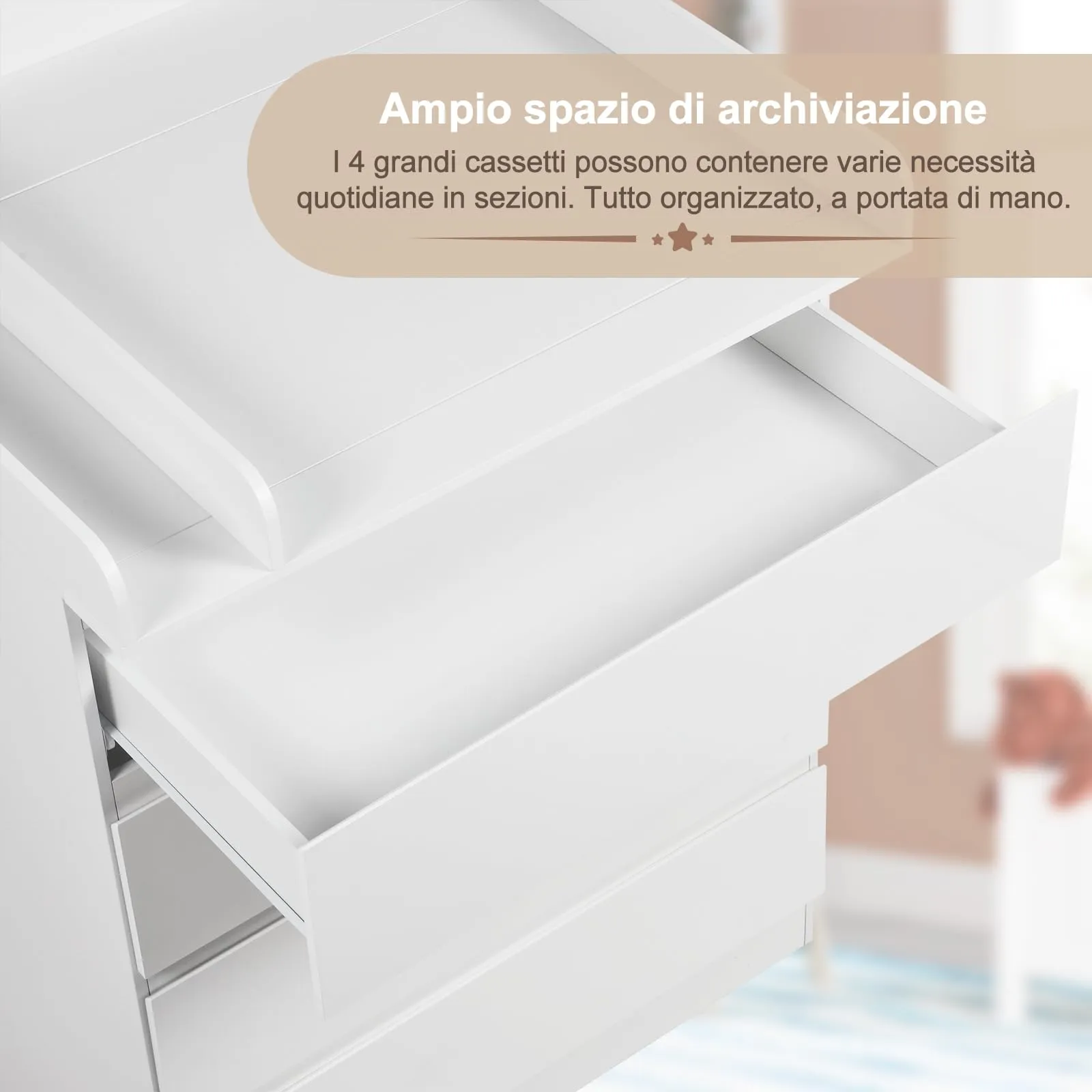 WOLTU Fasciatoio Mobile per Bambini con Cassettiera a 4 Cassetti, Legno MDF e Truciolare, Bianco - immagine 6