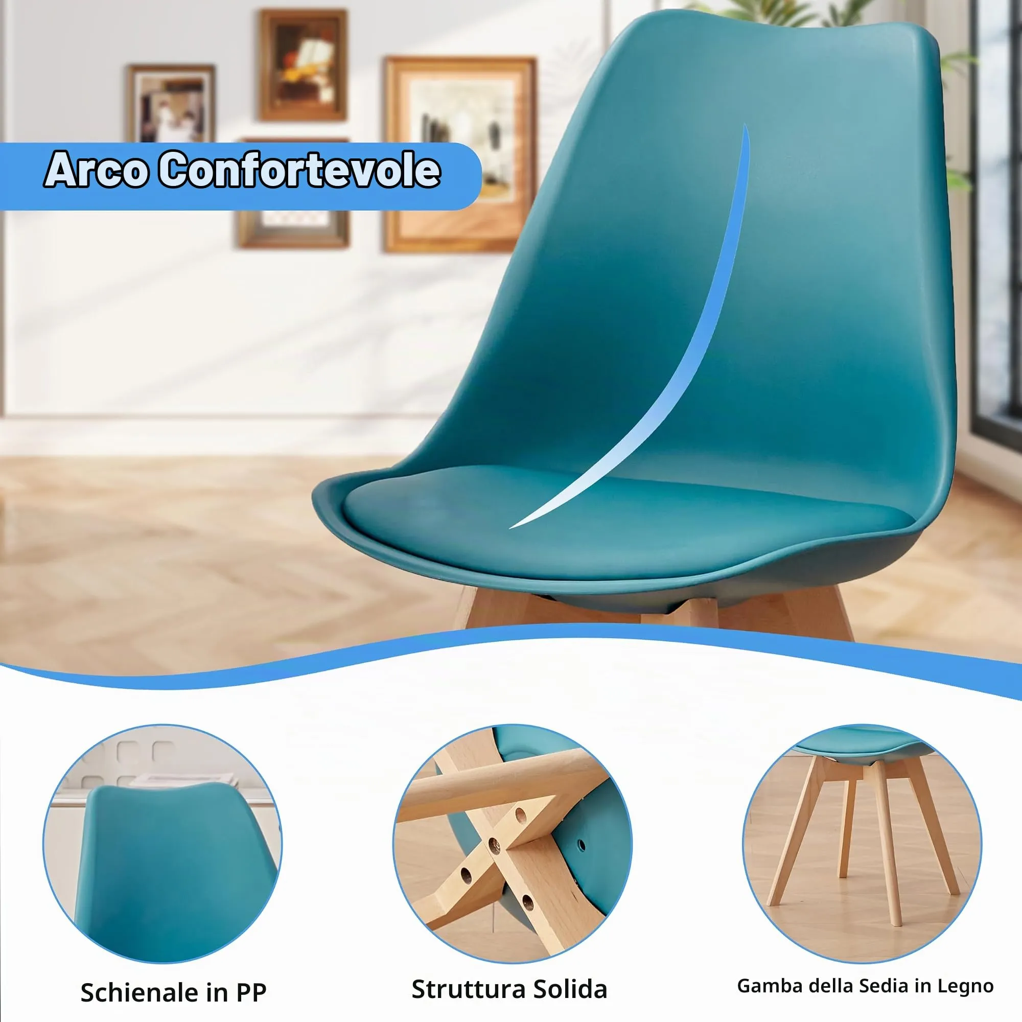 GrandCA HOME Set di 8 Sedie Imbottite con Gambe in Legno di Faggio, Verde Inchiostro - immagine 4