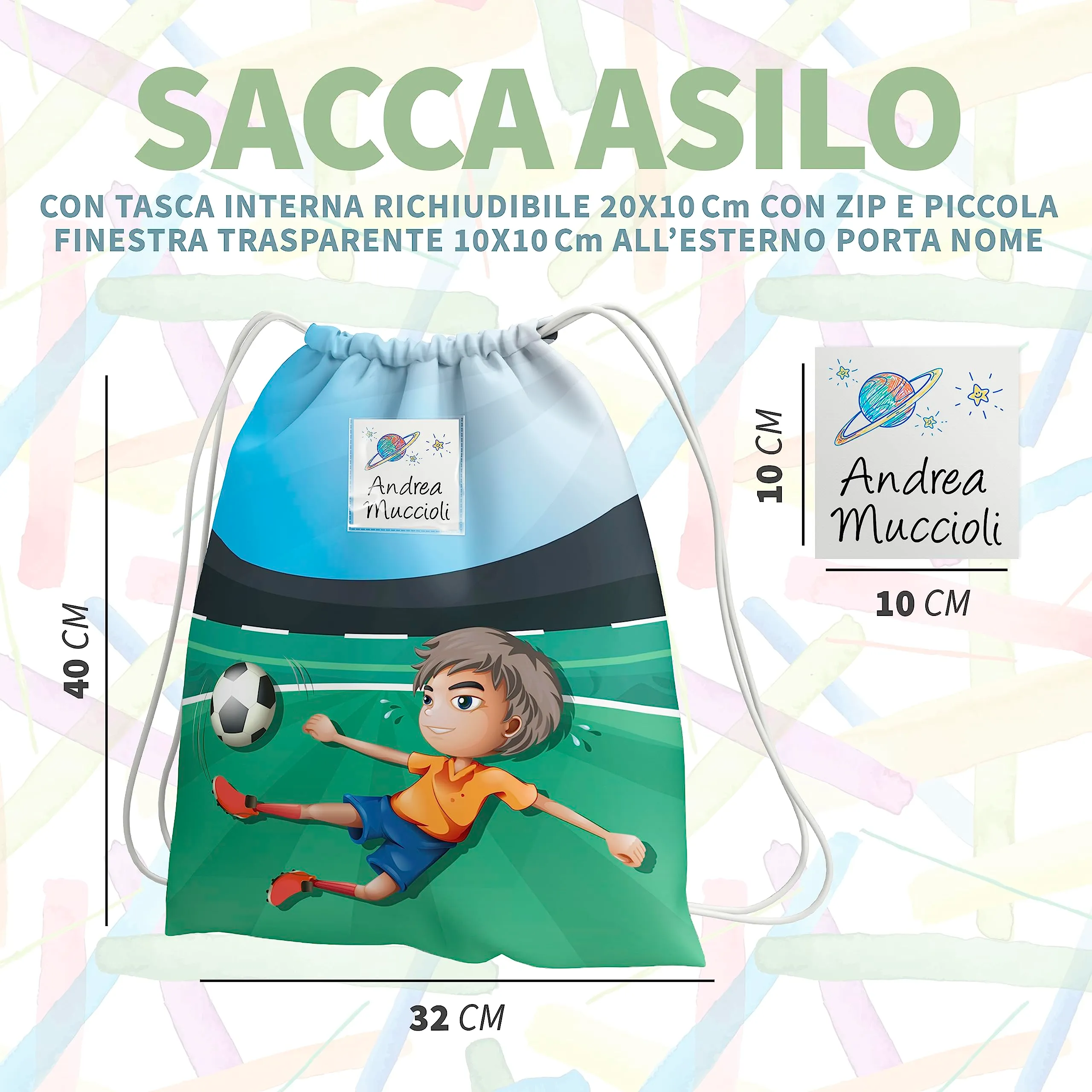 KAÏDENSÏ Sacca Asilo Personalizzata Calcio - Zainetto Asilo Nido 32x40 cm con Tasca Interna - immagine 2